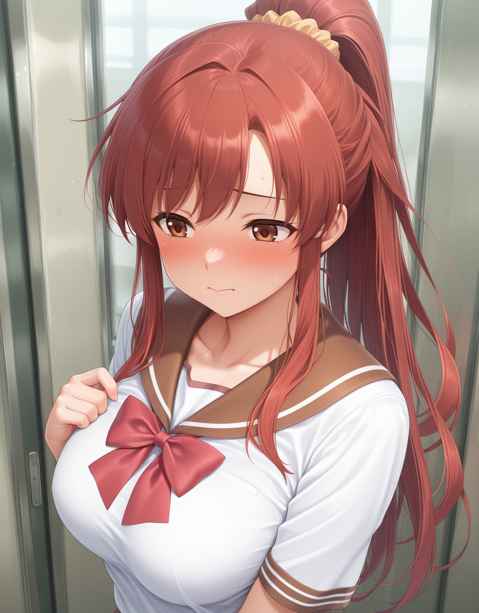 embedding:lazypos, 1girl, upper body, Sakura Natsumi, brown eyes, ponytail, yellow scrunchie, medium breasts, school uniform, brown sailor collar, red bowtie, white shirt, embarrassed