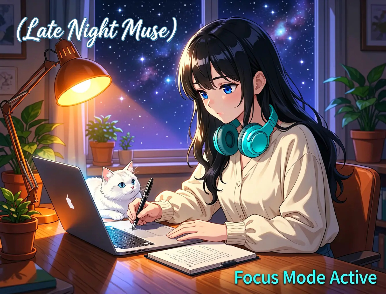 A breathtaking, ultra-high-fidelity, cinematic anime masterpiece capturing a cozy night scene in an artist's study or home office. The central focus is a beautiful young woman with long, flowing raven-black hair, styled with gentle waves that cascade over her shoulders. She has large, expressive, deep sapphire eyes and wears modern, sleek cyan-rimmed headphones around her neck. Her attire consists of a comfortable yet stylish cream-colored oversized blouse with delicate pleating at the cuffs. She is intently focused on a glowing laptop positioned before her, while resting one hand gently on a notebook filled with script, holding a black fountain pen poised for writing. A fluffy, perfectly rendered white domestic cat rests peacefully beside the keyboard, looking up at the woman with an air of gentle contentment. The environment is warm and atmospheric: a rich wooden desk surface reflects the ambient light beautifully. To her left, a vintage-style adjustable desk lamp casts a dramatic pool of bright, warm orange/yellow light onto the workspace, creating strong highlights on the character's hair and shoulder. The background features a large window showcasing a deep, vibrant night sky peppered with brilliant, twinkling stars and perhaps a faint nebula glow. Lush green houseplants in terracotta pots frame both sides of the desk, adding life to the composition. The art style is impeccably clean digital anime, featuring exquisite soft-cell shading that gives depth to the cream blouse, hyper-realistic fur texture on the cat, and crisp line work throughout. The lighting is masterfully controlled: strong directional light from the lamp contrasts beautifully with the cool blue/purple ambient moonlight spilling in from the window, creating high contrast and a magical glow. Compositionally, the subject occupies the right two-thirds of the frame, drawing the eye immediately to her focused profile. The text "(Late Night Muse)" is written in a sophisticated, slightly handwritten cursive font, rendered in glowing white with a soft blue drop shadow, positioned subtly near the top left corner, perfectly integrated against the lamp's light spill. At the bottom right, the phrase "Focus Mode Active" appears in a sharp, minimalist cyan sans-serif font, anchoring the image to the desk surface, looking as if it were projected onto the wood grain. The overall impression is one of intense concentration mixed with profound comfort a visually stunning piece that oozes modern anime aesthetic quality and technical perfection.