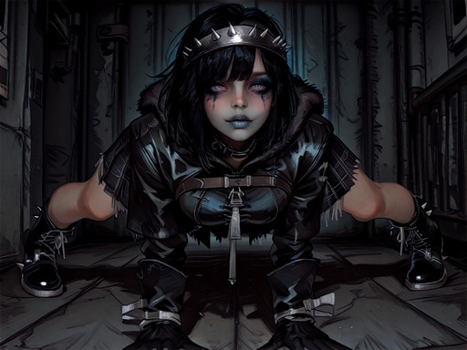 masterpiece, best quality, amazing quality, very aesthetic, high resolution, ultra-detailed, absurdres, newest, 1girl, goth theme, solo,side-swept emo fringe hair,(silver lipstick, clown makeup, silver jewelry, character centered), spiked leather headband, harness-strapped tunic, punk plaid kilt, asymmetrical zipper parka, spiked heel ankle boots, velvet ribbon-tied gloves, , doing push-ups, <lora:101ho_Style_for_Illustrious:1> 101ho