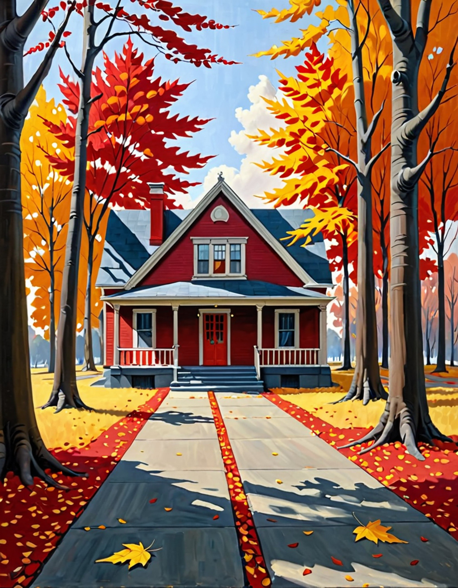 A scenic hiking trail in the heart of autumn, bordered by trees in brilliant shades of red, orange, and yellow. Leaves scattered on the ground, with a crisp, fresh atmosphere, High quality, best quality, masterpiece, muted tones, desaturated colors, strong geometric architecture, loneliness, quiet introspection, stillness, melancholic atmosphere, 1940s American realism, mid-century architecture, vintage clothing styles,  oil painting texture, canvas brush strokes, in the style of an Edward Hopper painting