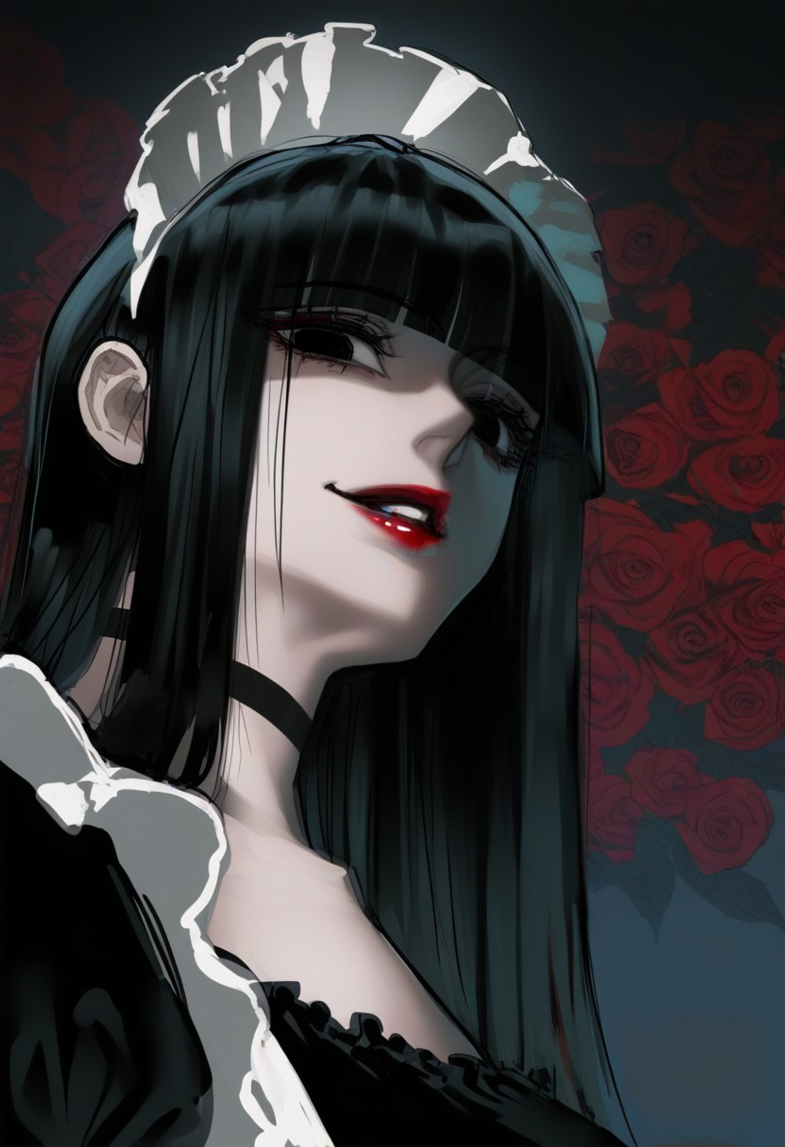 inuo (inuo x), zawar379, nyantcha, remsrar, pigeon666, hyatsu, rolua, 96yottea, wlop, ebiblue, realistic, masterpiece, best quality, amazing quality, very aesthetic, absurdres, newest, highly detailed, high detail, ultra detailed, upper body, from below, close-up, horror, yandere, sadistic, 1girl, maid, disdain, disgust, shaded face, black dress, looking at viewer, black hair, long hair, straight hair, hime cut, blunt bangs, huge eyes, black eyes, empty eyes, lipstick, lipgloss, square neckline, black choker, maid headdress, rose background, black background,