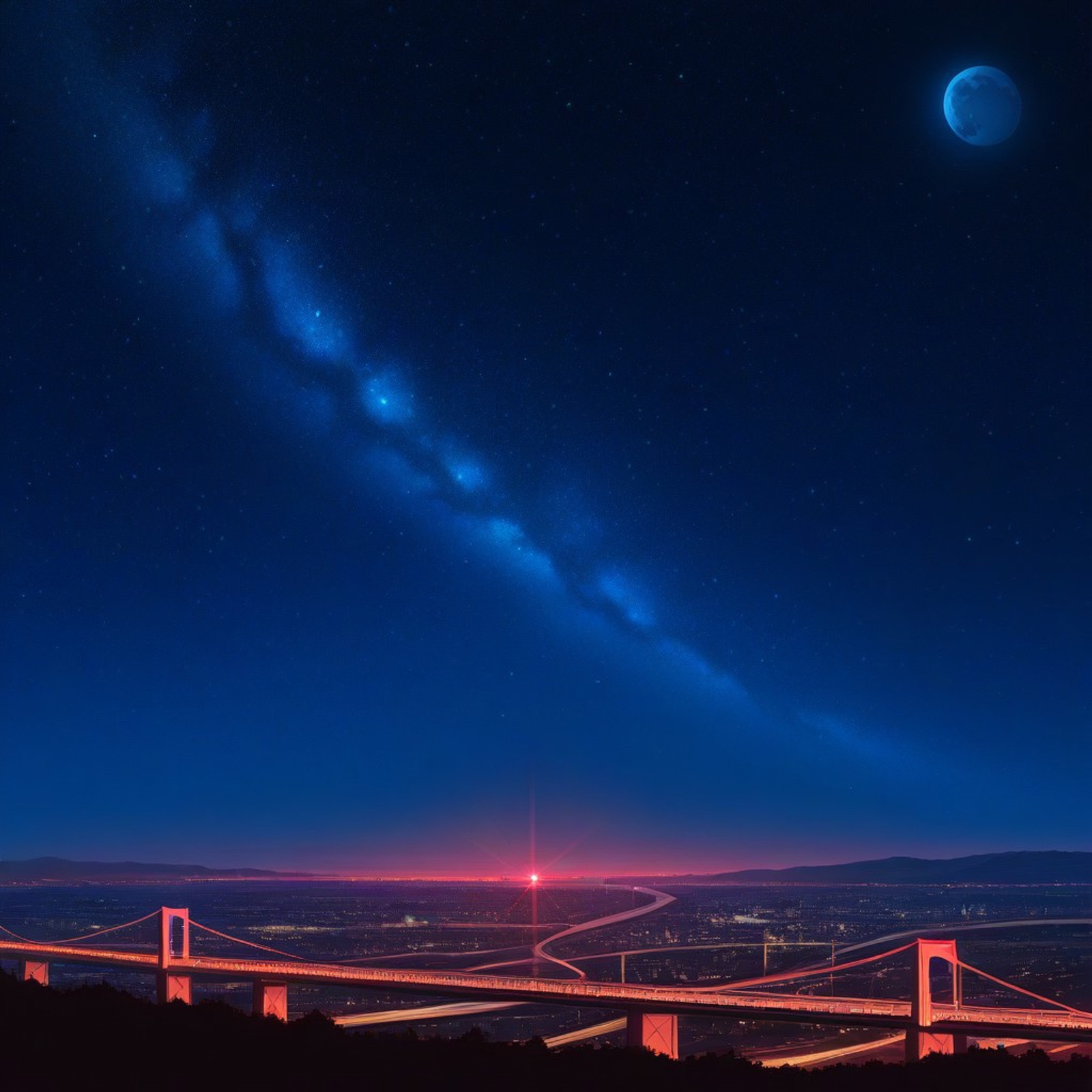 night, no humans, landscape, red light, city, moon, star (sky), highway bridge, panoramic view, high quality, perfect details, hi res, 4k, cinematic lighting