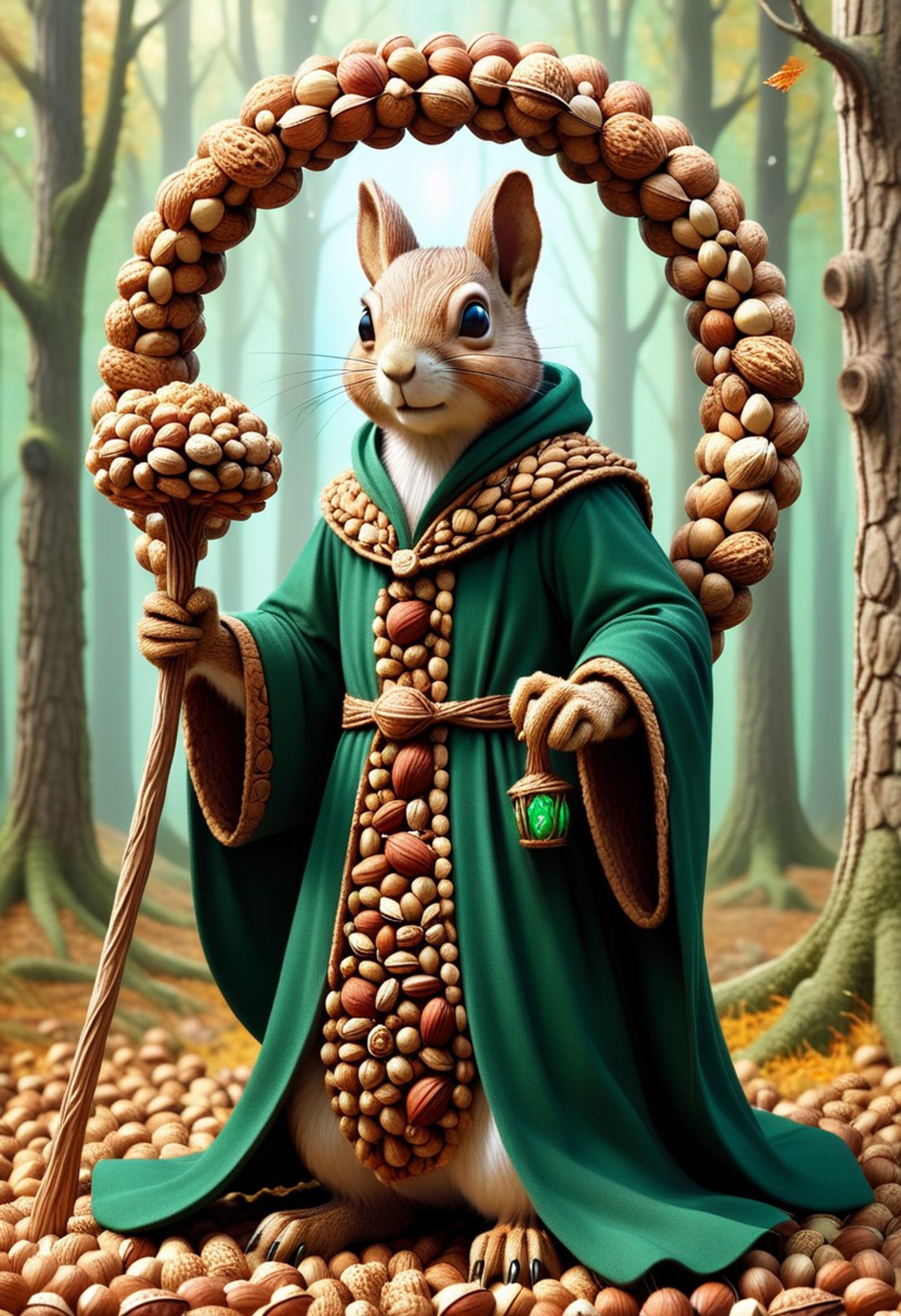 nutstylesnut, a wizard of nuts and seeds, wearing deep green robe embellished with nuts, holding a magic staff topped with a glowing cluster of nuts, a big intricate halo behind his head made of nuts, swirling field of magic force around him represented by lines of energy made of tiny nuts, in abundant autumn forest, wizard is in concentration to bring nurturing energy to all the forest creatures, to magically prepare them for the coming harsh winter, a squirrel is watching him from afar, highly detailed, high fantasy, best quality, masterpiece