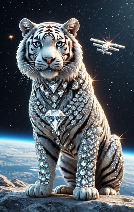 diamondMW, sparkly, <lora:Diamond_World_Morph:0.65> countless diamonds, (tiger:0.85), (shiny:0.65), elaborate, (ultra realistic:1.2), space station background, safe_pos