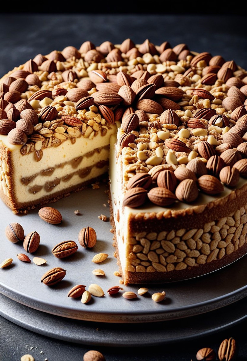 nutstylesnut, a delicious cheesecake completely made from textured nuts, the cake base is crushed almonds, the