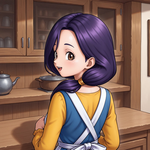 1girl,solo, <lora:DQ3_mother_ill_v1.00:1> d_q_3 mother, purple hair,low ponytail,hair over one shoulder, brown eyes,apron,yellow shirt,blue dress,smile,open mouth,from behind,looking back
indoors,upper body,hands up, lazypos, looking at viewer