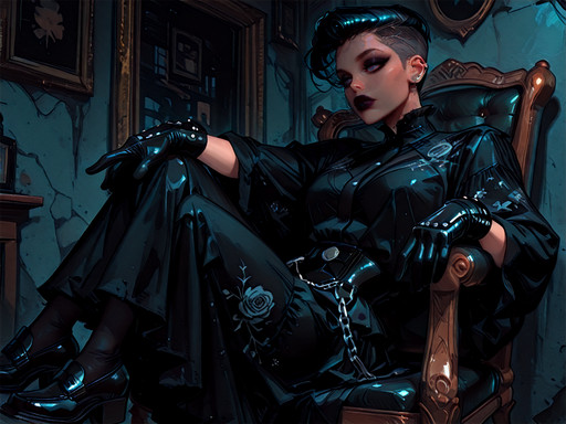 masterpiece, best quality, amazing quality, very aesthetic, high resolution, ultra-detailed, absurdres, newest, 1girl, goth theme, solo,pompadour with undercut hair,(UV sheen lipstick, goth makeup, silver jewelry, character centered), punk bandana with pins, ruffled high-collar shirt, Victorian bustle skirt, dark floral robe, chain-draped loafers, studded biker gloves, , sitting sideways on chair, <lora:ThePitILLustrious2:1> TOPXX