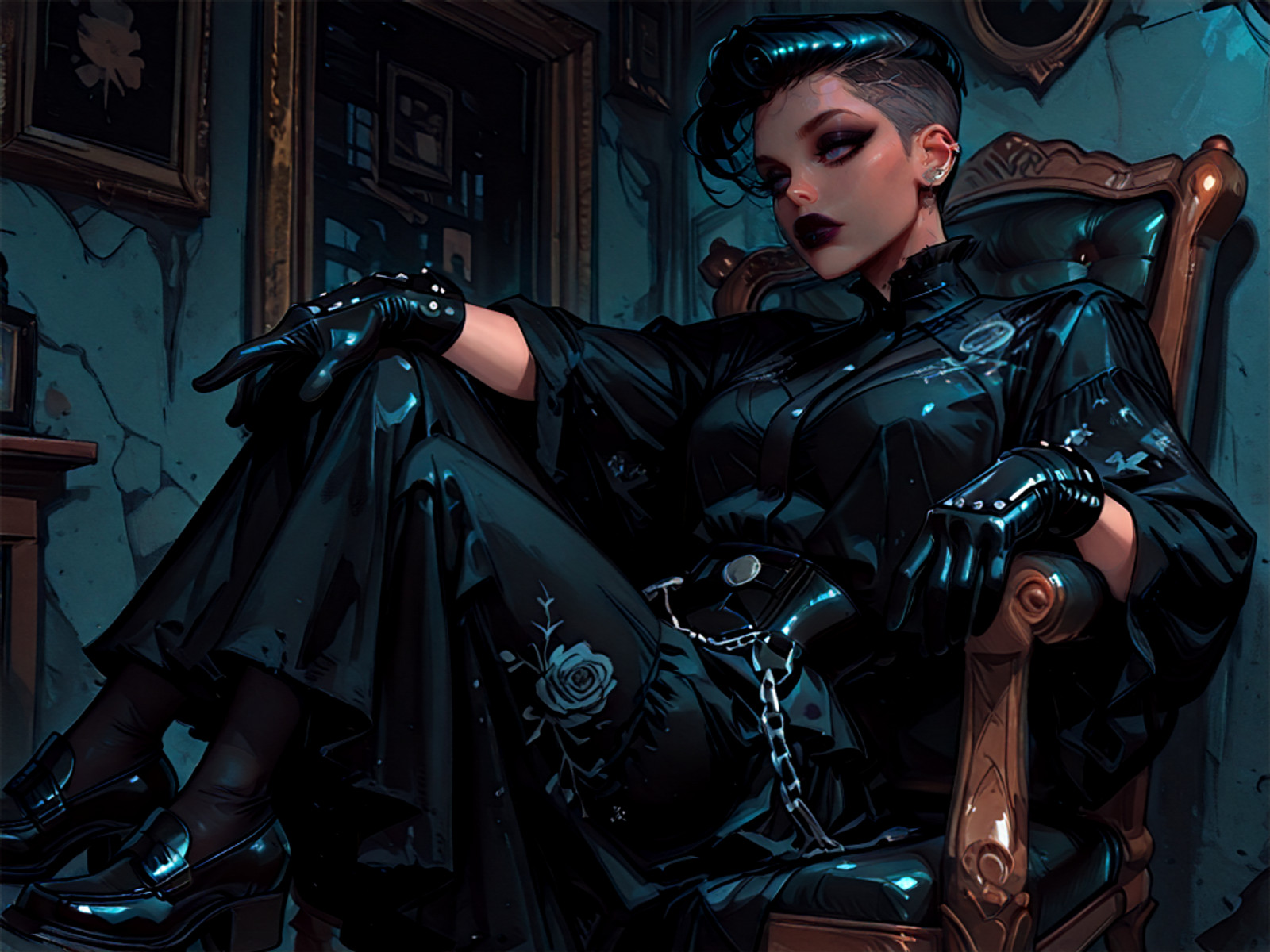 masterpiece, best quality, amazing quality, very aesthetic, high resolution, ultra-detailed, absurdres, newest, 1girl, goth theme, solo,pompadour with undercut hair,(UV sheen lipstick, goth makeup, silver jewelry, character centered), punk bandana with pins, ruffled high-collar shirt, Victorian bustle skirt, dark floral robe, chain-draped loafers, studded biker gloves, , sitting sideways on chair, <lora:ThePitILLustrious2:1> TOPXX
