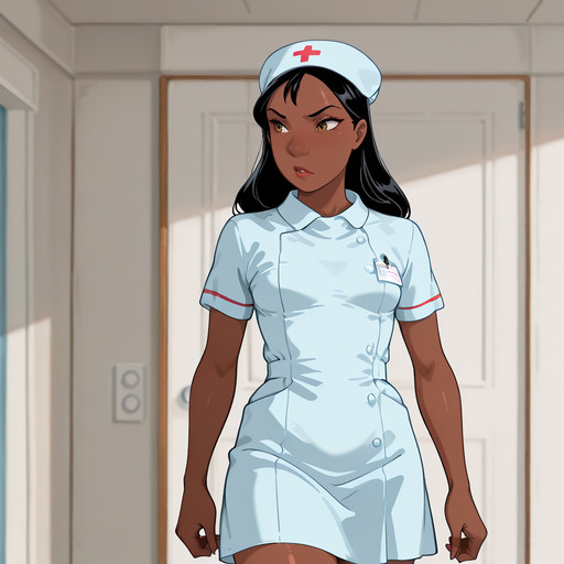<lora:NaniL&S_illustrious_v1:1> NaniL&S,  very dark skin,  1girl,  dark-skinned female, black hair, long hair, small breasts, cowboy shot,  <lora:nurse_illustrious_V2.0:1> nurse dress,nurse cap