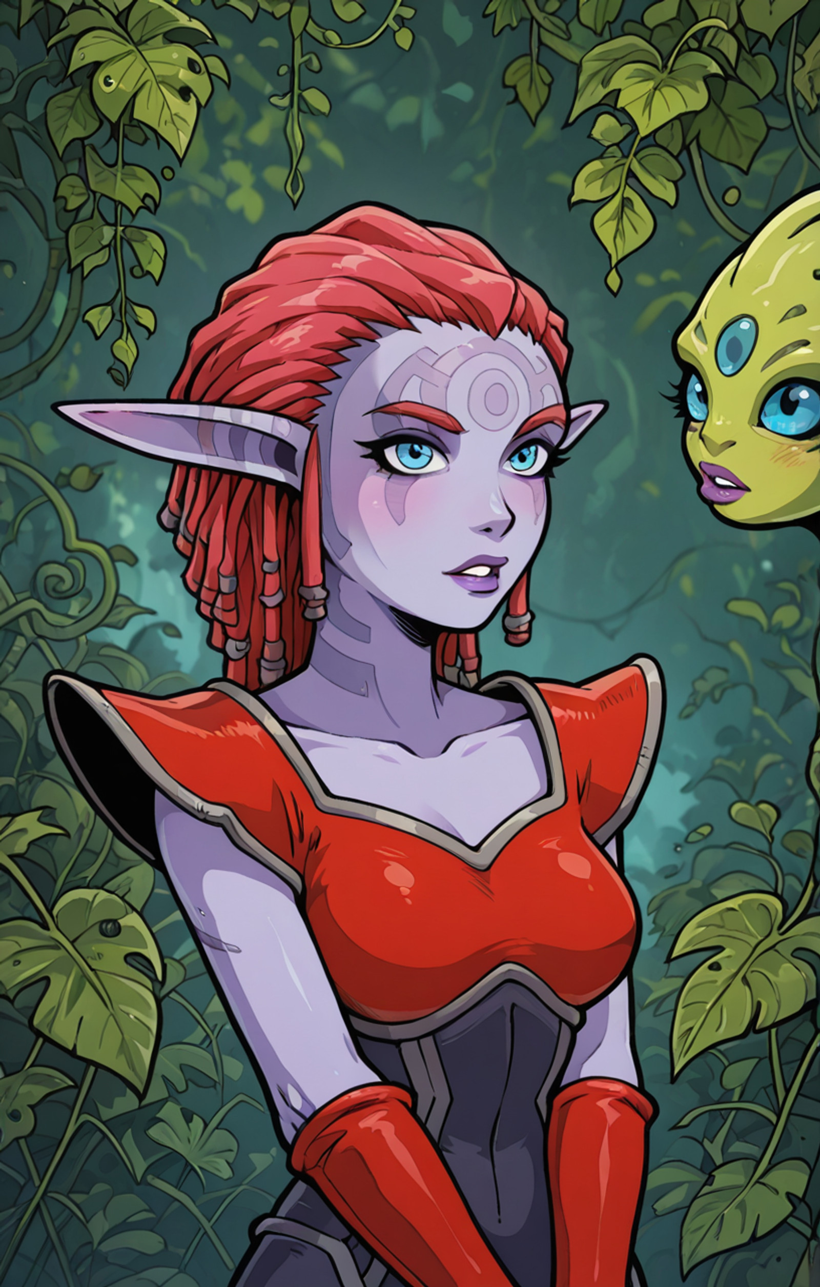 absurdres, detailed, 1girl, solo_focus, <lora:ILMEAria:0.2185175602052107>MEAria, purple skin, blue_eyes, alien, eye_focus, parted_lips, collarbone, neck, (narrow_waist:0.6), v_arms, ivy, fiction_facets, <lora:add-detail-xl:1.2484381875761419> <lora:Akabur_IllustriousV1:0.7540042441330076>akaburstyle, sharp focus zPDXLxxx sharp_LASCALAE ultra sharp, <lora:500SharpCivitai_Lascalae:0.6237880777661847> <lora:zy_Detailed_Backgrounds_v1:0.5522461250411279> newest, detailed_background,