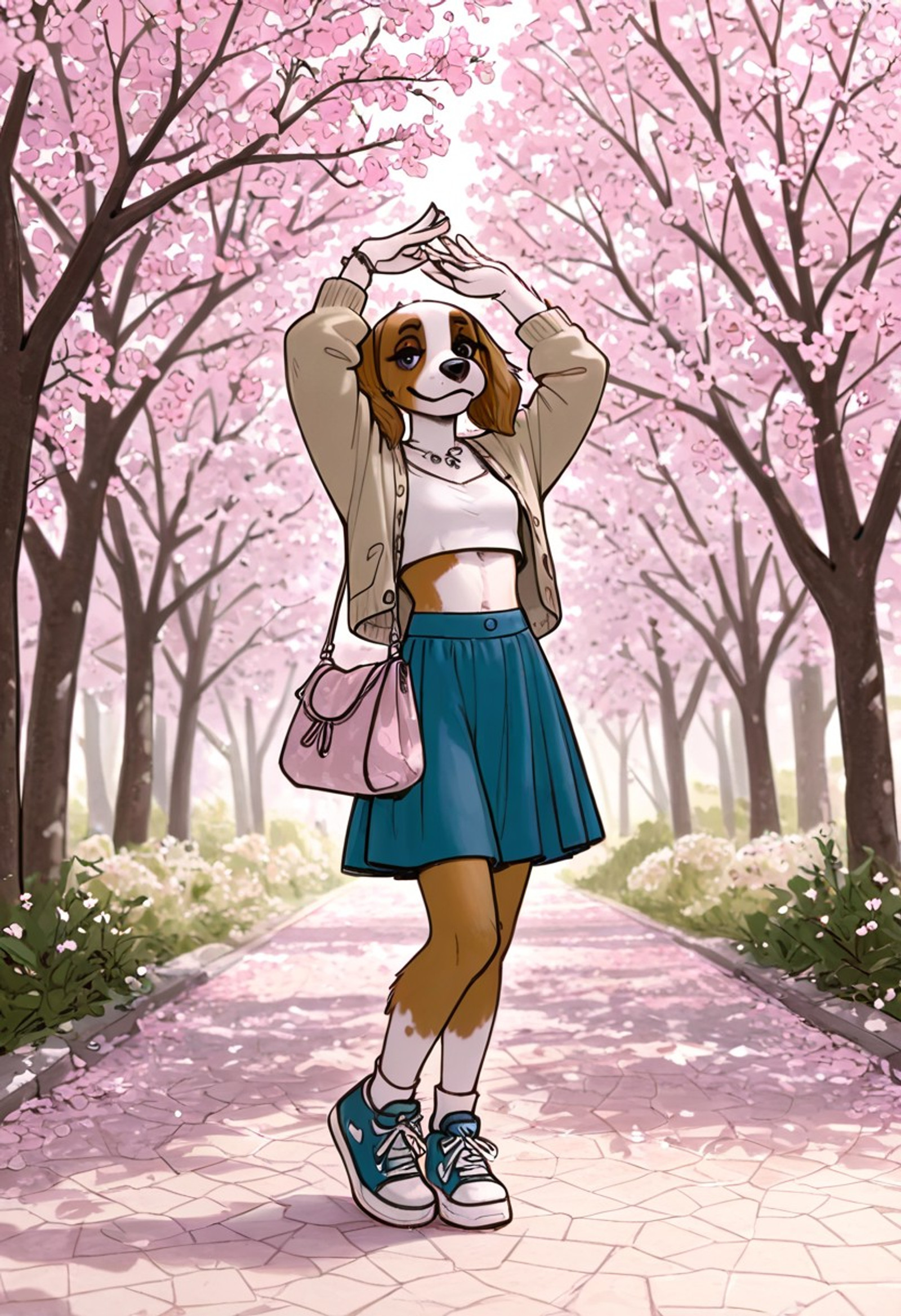 best quality, amazing quality, very aesthetic, absurdres, newest,  unusual background ,pose,   by lando, by sicklyhypnos , furry , cardigan, Spaniel, flared skirt, crop top, woven bag, accessories, shoes, cherry blossoms