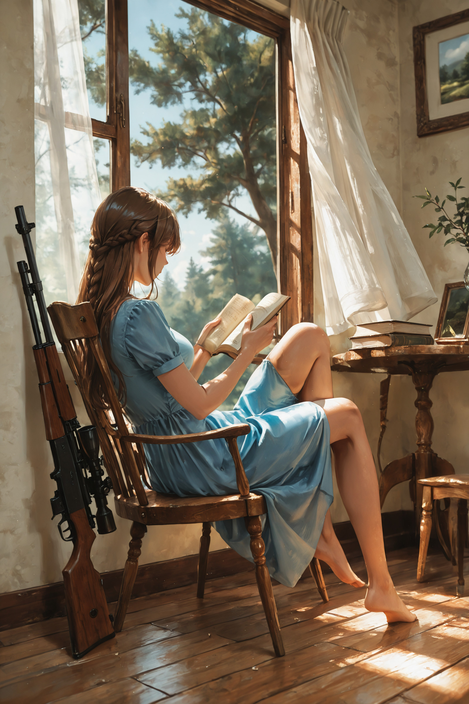 -----, ((1girl, solo, long_hair, brown_hair, dress, holding, sitting, full_body, braid, weapon, short_sleeves, sky, barefoot, day, indoors, holding_weapon, from_behind, tree, gun, book, window, blue_dress, chair, traditional_media, sunlight, curtains, holding_gun, scenery, nature, rifle, holding_book, forest, wooden_floor, open_book, , facing_away, reading, painting_\(medium\), on_chair, watercolor_\(medium\), sniper_rifle, reclining, bolt_action, open_window, looking_outside, wooden_chair, windowsill,):0.5) masterwork, masterpiece, best quality, detailed, depth of field, , high detail, best quality, very aesthetic, 8k, dynamic pose, depth of field, dynamic angle, adult, aged up,