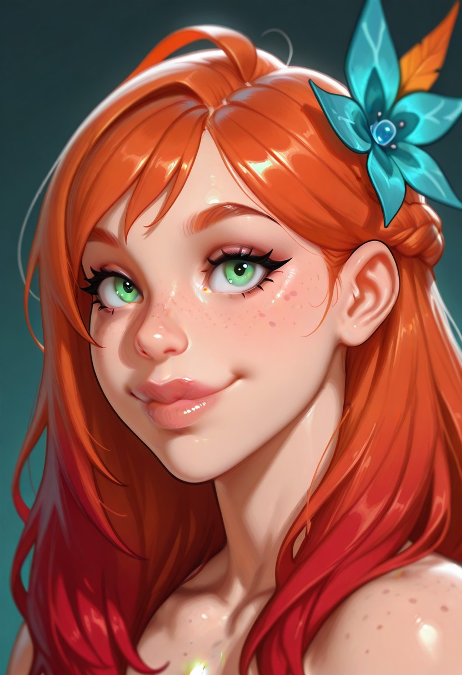 masterpiece, best quality, very aesthetic, absurdres, hyperdetailed, 8k, ultra-HD, high detail, depth of field, realistic, arrusa, eigaka, possmach, artist:moriimee, ytrprm, 1 girl, solo girl, perfect anatomy, curvy, smile, thick_lips BREAK , ,1girl, ,face focus  , 
BREAK 
windrangerarcana, windrangerarcana \(dota 2\), 
 hair ornament, red hair, hair flower,   long hair,  orange hair,freckles,green eyes,
