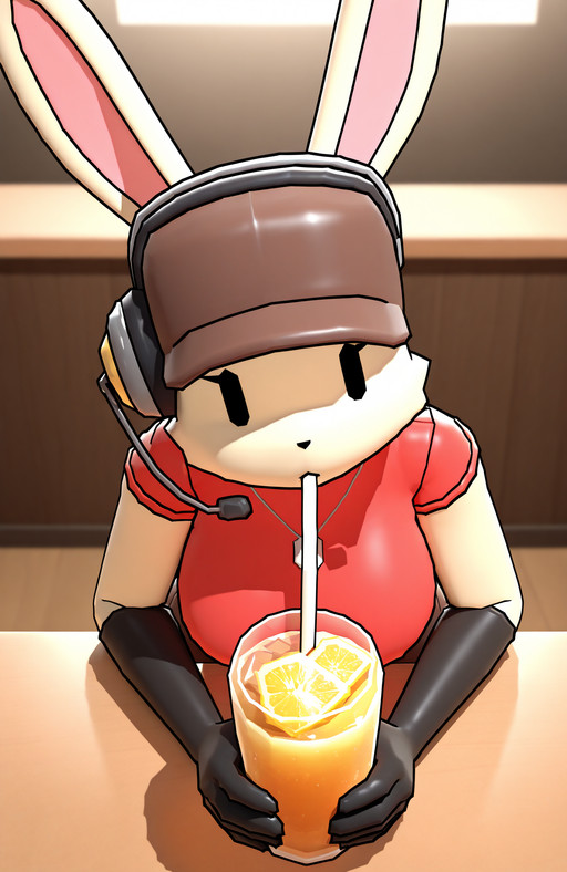 masterpiece, best quality, newest, absurdres, lazypos, solo
lucytf, bunny ears, dot eyes, red crop top, brown shorts, black thighhighs, black long gloves, microphone headset, visor cap, necklace, beige fur, 3D
sitting,leaning forward,head tilt,head down,holding drinking straw, looking up,drinking,drinking straw in mouth,looking at viewer, restaurant,wooden table,(lemon iced tea:0.8),single glass cup,(ice cubes floating:0.8),(drinking straw:0.8),bendy straw, front view,(from above:0.4),upper body,soft focus,depth of field,golden sunlight,rim light,volumetric lighting,shadowed clothing
 <lora:lucy-the-bun-tf_ILL:1>
