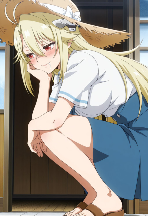 masterpiece, best quality, amazing quality, anime_screencap, anime_coloring, Eyes half-closed, lost in pleasure, drowsy smile, drooling, blush, KTMShirley, blonde_hair, long_hair, hair_between_eyes, red_eyes, antenna_hair, headgear, ahoge, solo,  summer uniform, straw hat, blue shirt, blue skirt, sandals,, standing, leaning forward, from side, low-angle view,, <segment:girl's face,0.55,0.2//cid=11> Eyes half-closed, lost in pleasure, drowsy smile, drooling, blush, KTMShirley, blonde_hair, long_hair, hair_between_eyes, red_eyes, antenna_hair, headgear, ahoge,