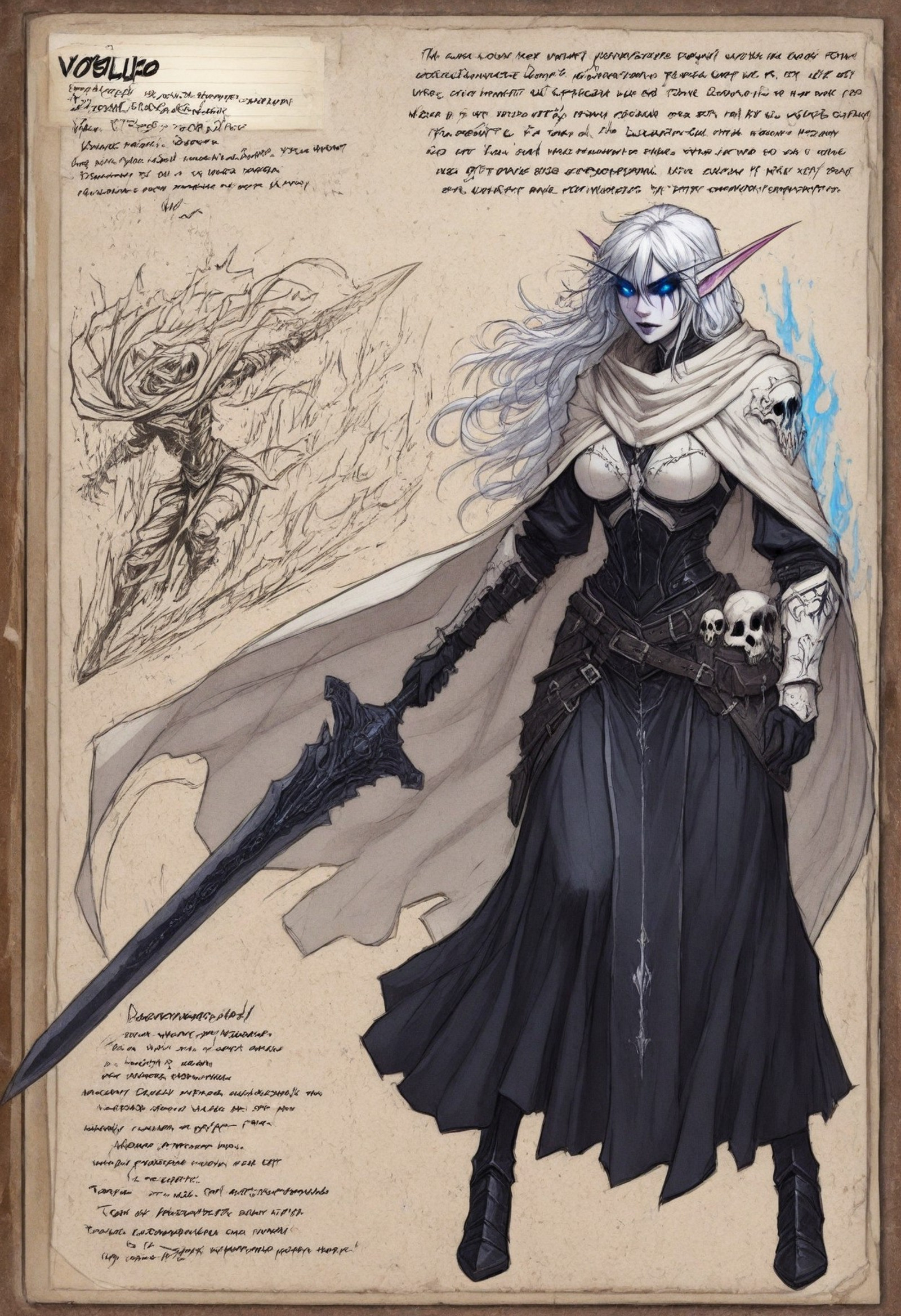 masterwork, masterpiece, best quality, detailed, depth of field, high detail, best quality, very aesthetic, 8k, depth of field, dynamic angle, adult, mature, aged up, high contrast shadows, absurdres, 

1girl, night elf, mature, goth, tall girl, pointy ears, long ears, (blue eyes, glowing eyes, blue sclera:1.3), (pale white skin), (violet facetattoo, violet tattoos), (white hair, long messy hair, bangs), muscles, toned muscles, , solo, deathknight, sexy, holding sword, blue glowing sword, (giant sword:1.3), blue ghostly energy, (white armor, knight armor, fully clothed, hooded, long iron boots, skull emblems, skull motifs, white cloak, white fur trim, dark blue skirt, long skirt), cold aura, calm expression, devil smile, combat stance, high detail, best quality, very aesthetic, 8k, dynamic pose, depth of field, adult, aged up, arkdoss, traditional media, partially colored, english text, full figure, full body shot, vivid colors