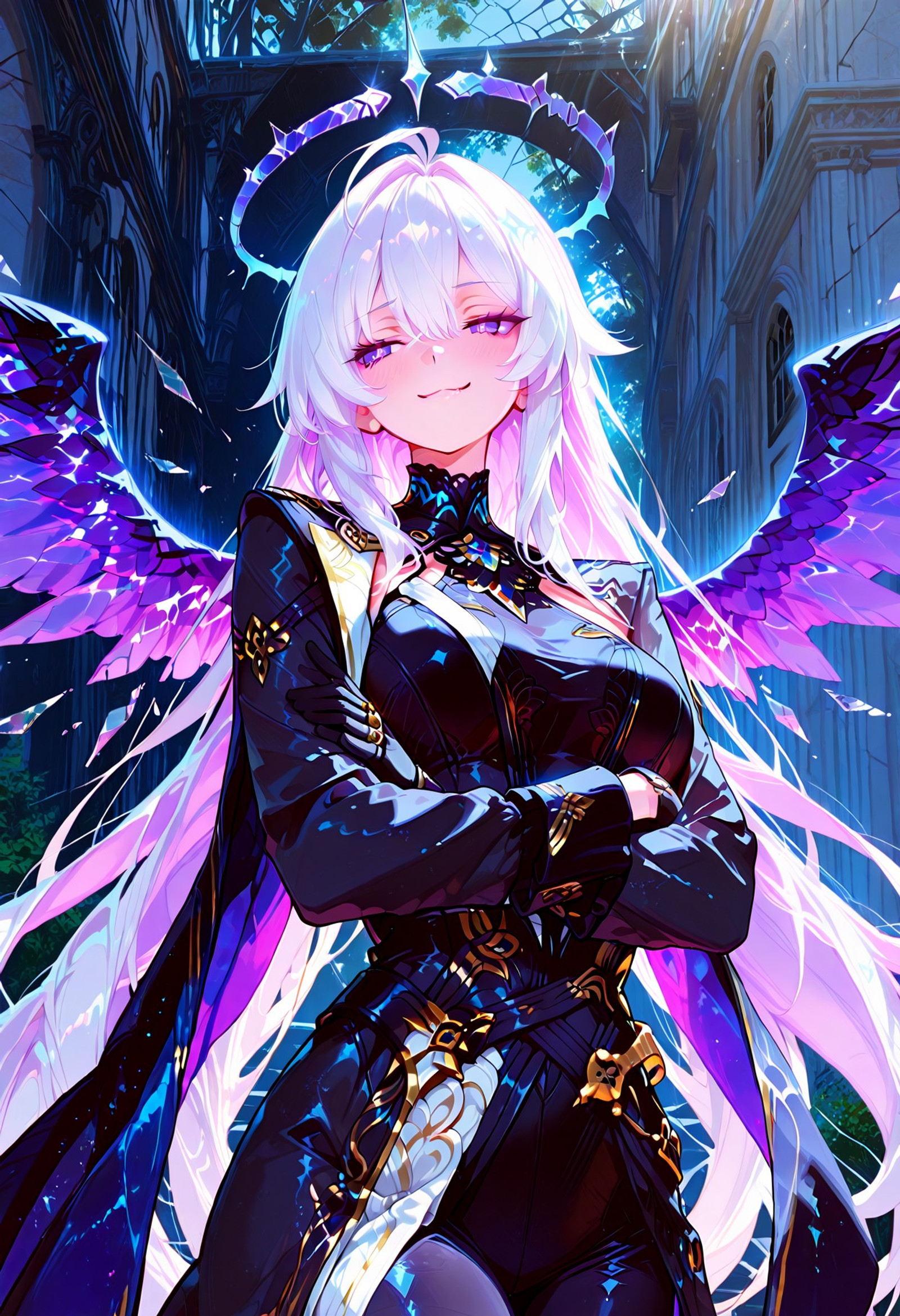 masterpiece, best quality, highly detailed, sharp focus, perfect eyes. 1girl

adult female, smug smile, standing pose, antenna hair, white hair, very long white free-flowing hair, shattered crown halo, blue eyes, purple pupils, ring-shaped pupils, black dress, black gloves, black slit leggings, black half cape, gold accents, 

dynamic composition, arms crossed beneath chest, l1ghtn1ng, deep purple electrical wings, 2wings, close up upper body portrait, 

soft lighting, daytime outdoor scene

748cmstyle
