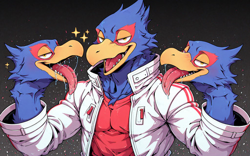 ((solo)), 1boy, falco lombardi, smug expression, looking at viewer, white jacket, red shirt, upper body, head hands, blushing, long tongue, saliva
