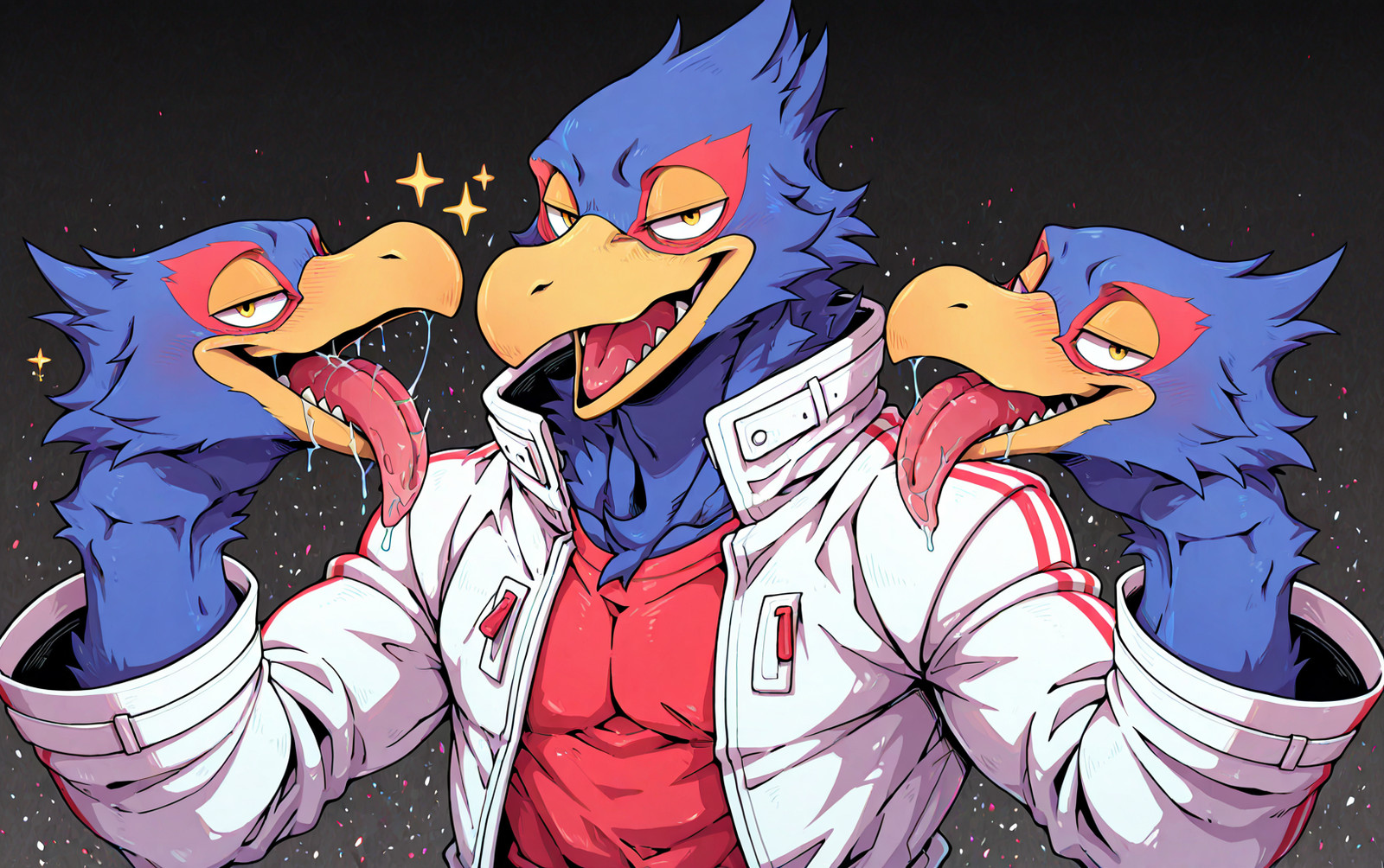 ((solo)), 1boy, falco lombardi, smug expression, looking at viewer, white jacket, red shirt, upper body, head hands, blushing, long tongue, saliva