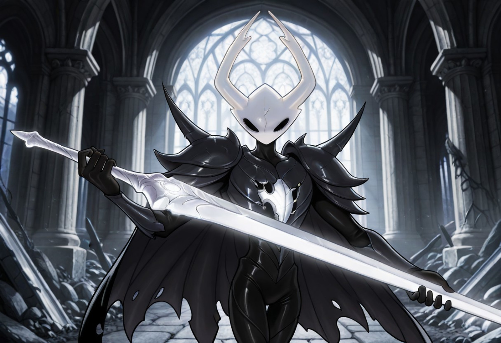 masterpiece, best quality, amazing quality, cartoon, official style, 1boy, solo, Pure Vessel, HK,mature, white hollow knight mask, white antlers, dark bodysuit, black eyes, (no mouth), kn1ghtd3lta, shadow creature, black bodysuit, spiked shoulders, armor, dark cape, torn cape, holes in hands, hole in chest, pointed legs, standing, brave perspective, two handed, glowing weapon, greatsword, holding sword, looking at viewer, glaring, dark cathedral, ruins, cowboy shot, upper body, closeup,
