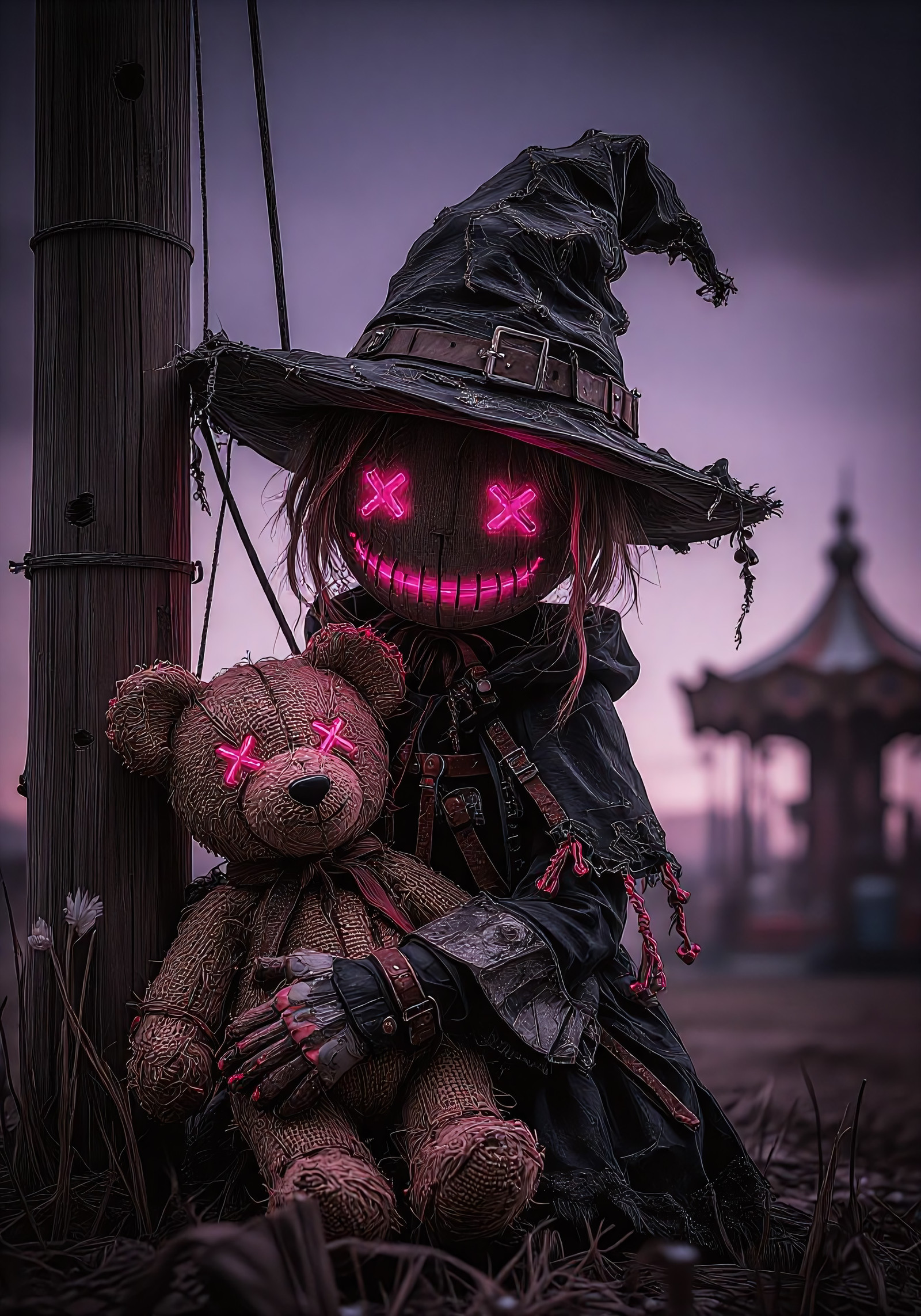 A sinister ragdoll scarecrow girl clutching a stitched teddy bear at the edge of an abandoned twilight carnival, original vertical 2:3 composition with a different visual construction, intimate low-angle close portrait, enormous torn witch hat with ragged brim, messy straw-brown hair, glowing magenta X-shaped eyes and a stitched luminous grin, patched dark cloak, leather straps, buckles and dangling thread charms, teddy bear held forward with matching neon X eyes and cracked seams, broken telephone poles, dead grass and distant carousel silhouettes fading into purple-blue dusk fog, no overall brightening, deeper denser blacks, heavier shadow mass, darker eerie fairytale atmosphere, deep charcoal, muted mauve, dusty violet and restrained hot-pink glow contrasted with soft sunset remnants, cinematic 85mm lens with shallow depth of field, grin, glowing eyes and teddy face as focal hierarchy, hat brim and bear arms creating sharp diagonal leading lines, moderately lowered exposure, readable but very deep shadows, controlled subdued highlights, soft highlight rolloff, softened micro-contrast, dreamy optical softness, subtle atmospheric diffusion, faint filmic haze, restrained halation around magenta eyes and grin, minimal chromatic aberration on neon edges, fine film grain, matte paper grain, delicate painterly tooth, organic printed-illustration patina, faint canvas-like microtexture, worn photographic texture, slight pigment granulation, velvety dry-brush transitions, tactile details in burlap, stitched fabric, frayed thread, worn leather, dust, dead leaves and soft toy fur, premium dark cinematic gothic toy-fantasy finish, clean geometry, no readable text.