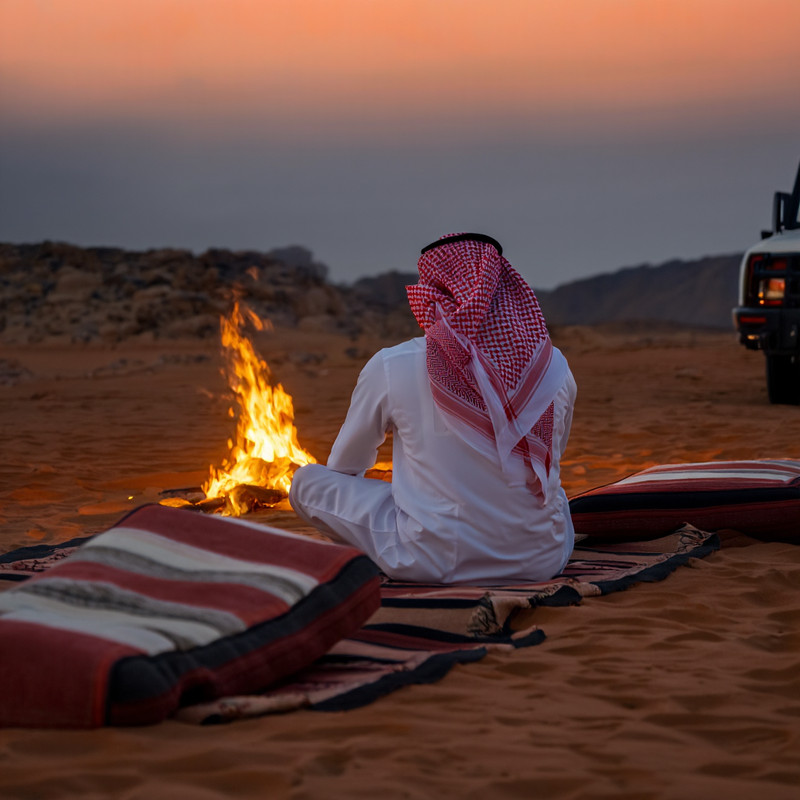 A Saudi man is captured from behind, sitting cross-legged on a Sadu woven rug in the sandy Arabian desert. He