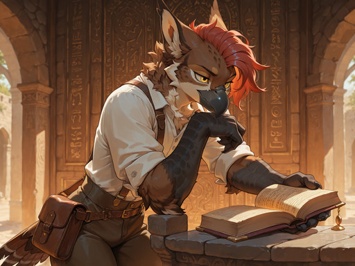 detailed, (sharp focus:1.15),
solo, 1 owl man trying to deceifer ancient carvings, avian, short and parting red hair, yellow eyes, tilted head, short beak, concentrated, relaxed pose, brown fur, (body feather, body fur, bodyfur:1.2), feathers, brown bird, blonde feathers, sturdy build, shirt, rolled up sleeves, rough fabrics, trousers with suspenders, roughed up clothing, leather satchel, black hands, sharp fingers, closed book in hand, hyroglyphs carved into withered stonewall, ritualistic paintings, fertility figurines, one arm reaching out, archeology,

cliffside, midday, detailed feather,