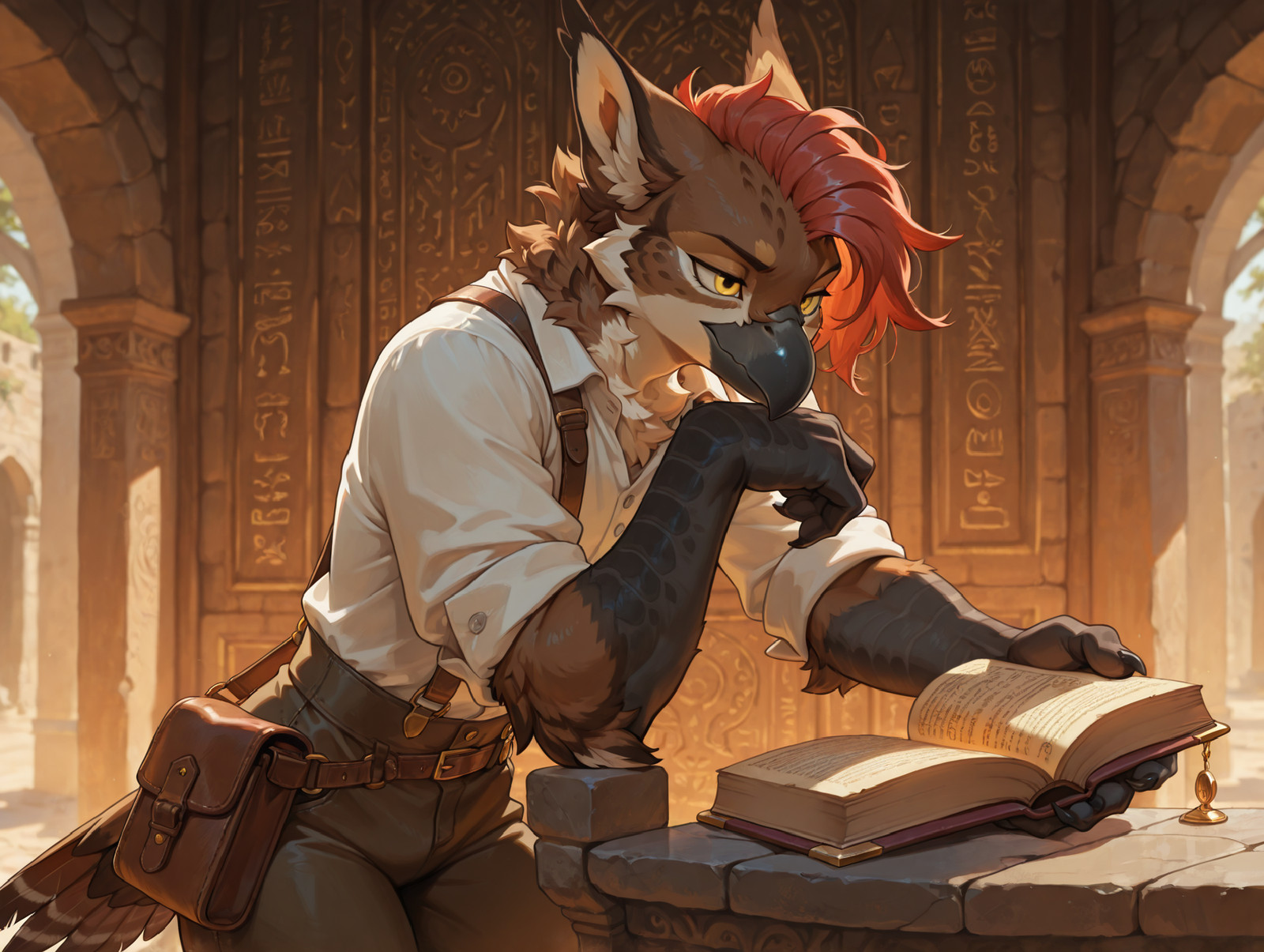detailed, (sharp focus:1.15),
solo, 1 owl man trying to deceifer ancient carvings, avian, short and parting red hair, yellow eyes, tilted head, short beak, concentrated, relaxed pose, brown fur, (body feather, body fur, bodyfur:1.2), feathers, brown bird, blonde feathers, sturdy build, shirt, rolled up sleeves, rough fabrics, trousers with suspenders, roughed up clothing, leather satchel, black hands, sharp fingers, closed book in hand, hyroglyphs carved into withered stonewall, ritualistic paintings, fertility figurines, one arm reaching out, archeology,

cliffside, midday, detailed feather,