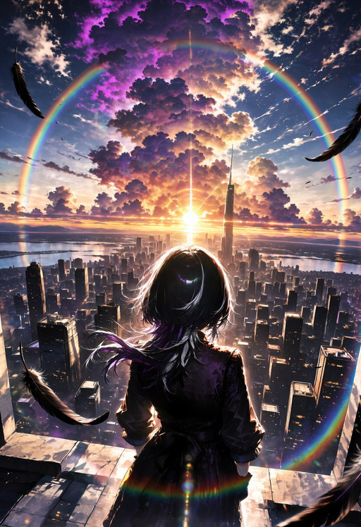 masterpiece, best quality, amazing quality, very aesthetic, extremely detailed, very detailed, absurdres, newest, highres, score_7, safe, shiori novella, hololive, landscape concept art, dramatic cinematic atmosphere, epic sunset over a destroyed modern city, colorful cumulus clouds (magenta, indigo, gold), a perfect rainbow arching overhead, strong sunburst lens flare at the horizon, floating black feathers in the wind, a lonely character viewed from behind, silhouetted against the bright light, high contrast, wide-angle lens view, <lora:AnimaMythD4rkL1nes:0.4>, D4rkL1nes, <lora:gpt-image-2_anima-base1_v1:0.7>, @gpt-image-2,<lora:AnimaNijiSweetSpot:1>, @sw33t, <lora:sky03:1>