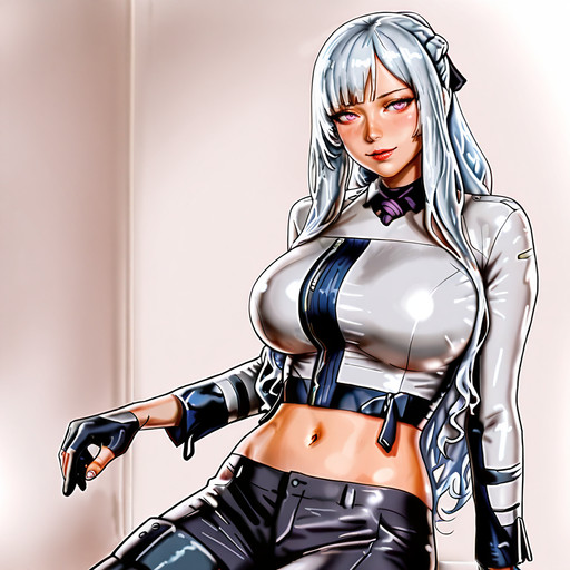 <lora:misterjer_illustrious_v1:1> score_9, misterjer_style, misterjer, source_artwork <lora:AK12_illustrious_v1:.7> AK12, ak-12 (girls' frontline), 1girl, solo, long hair, large breasts, black pants, purple eyes, navel, partially fingerless gloves, french braid, midriff, bangs, hair ribbon, grey hair, artificial eye, long sleeves, sidelocks, mechanical eye, jacket, crop top, shirt