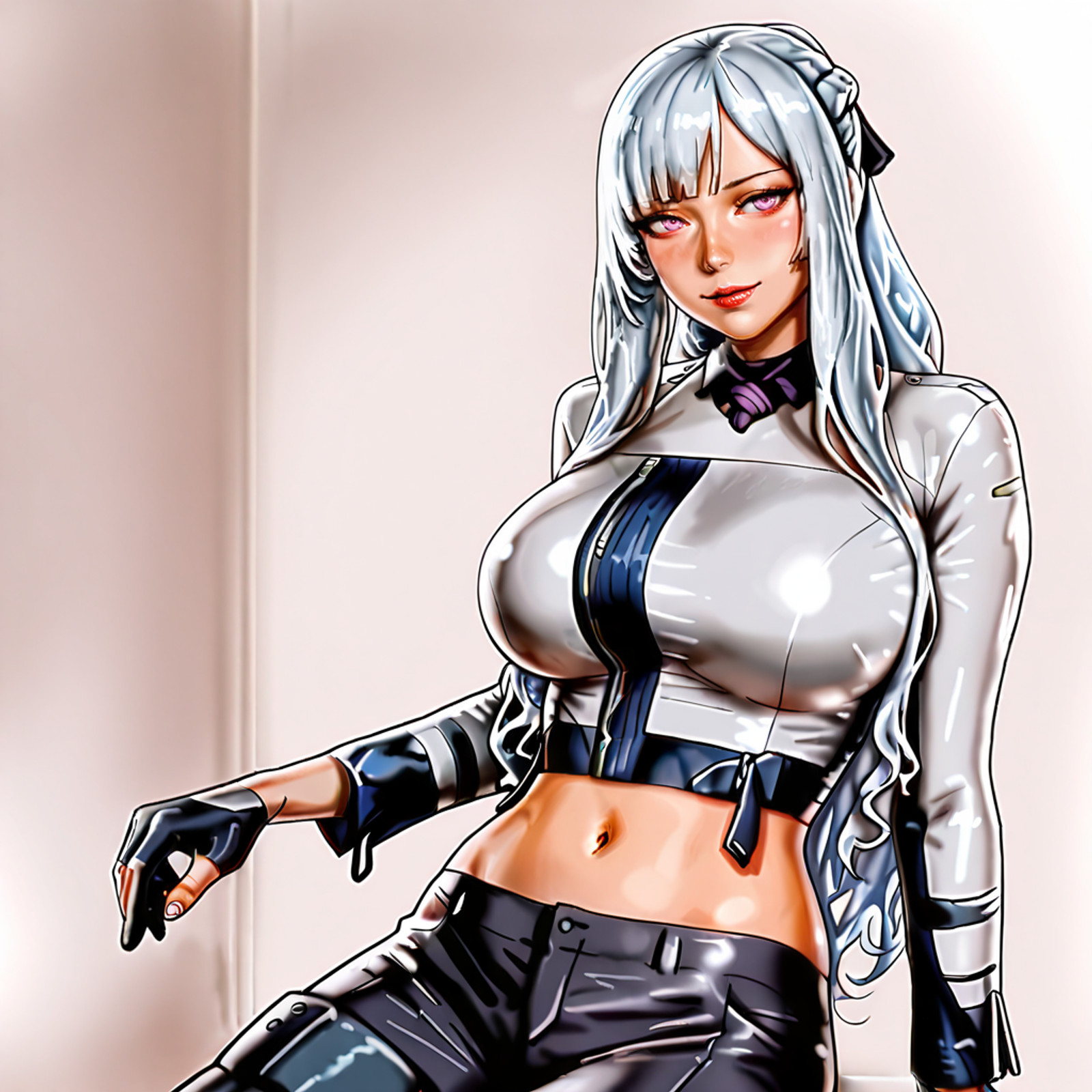 <lora:misterjer_illustrious_v1:1> score_9, misterjer_style, misterjer, source_artwork <lora:AK12_illustrious_v1:.7> AK12, ak-12 (girls' frontline), 1girl, solo, long hair, large breasts, black pants, purple eyes, navel, partially fingerless gloves, french braid, midriff, bangs, hair ribbon, grey hair, artificial eye, long sleeves, sidelocks, mechanical eye, jacket, crop top, shirt