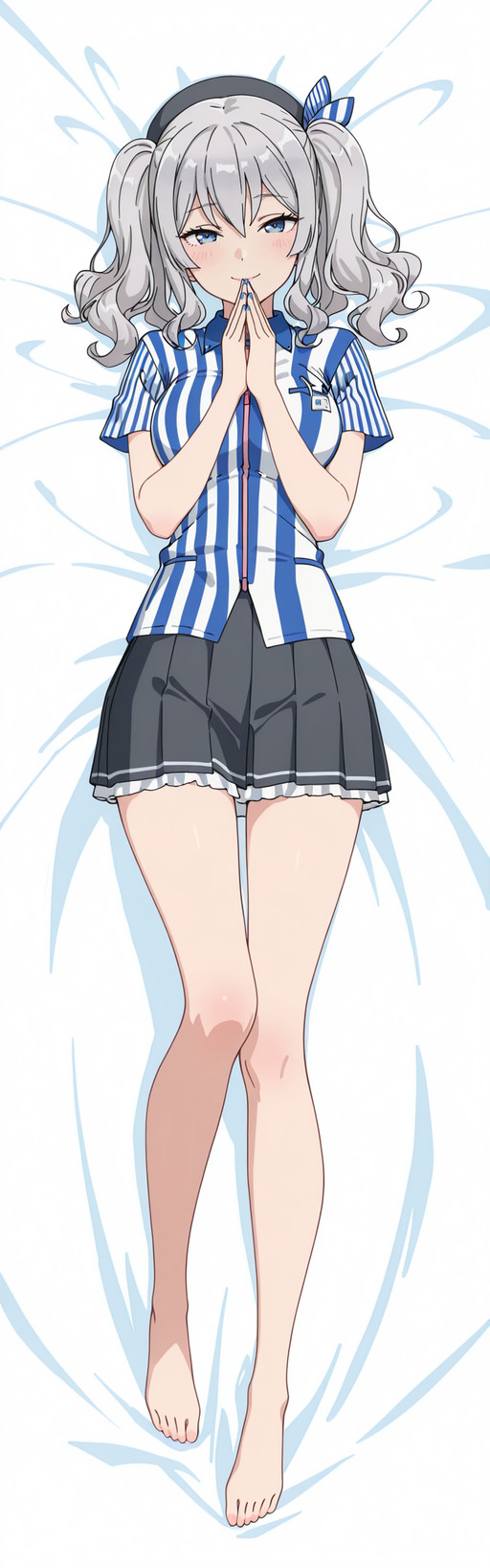 (best quality),(highly detailed),((masterpiece)),((best quality)),(ultra-detailed),((extremely detailed)),(high resolution),4K,(8K),best quality,(beautiful),(dynamic lighting),(super detailed skin),sharp focus,(masterpiece:1.2),best quality,very aesthetic),masterpiece,best quality,very aesthetic,best shadow,
masterpiece, best quality, newest, absurdres, highres, detailed eyes, beautiful, detailed background, perfect eyes,
BREAK depth of field, (oil painting \(medium\):0.85),
BREAK anime coloring, anime screencap, official art, jaggy lines,
 <lora:kashima_kancolle_illust_scarxzys:0.8> ,<lora:Marin_Bunny:0.4> , <lora:maki-nishikino-s1-illustriousxl-lora-nochekaiser:0.3> ,
<lora:add-detail-xl:0.9>, <lora:spo_sdxl_10ep_4k-data_lora_webui:0.5>,<lora:StS-Illustrious-Detail-Slider-v1.0:0.5>, <lora:anatomy_helper:0.75>,
1girl, solo , kashima \(kancolle\) blue eyes, grey hair, wavy hair, sidelocks,
kashima \(kancolle\), kashima \(lawson\) \(kancolle\),
(smile:0.95), 
(dakimakura:0.6) , girl lying on back , looking at viewer,