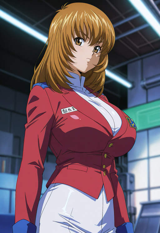   smooth skin, highly detailed, blurry background,, 
  volumetric lighting, ,hgraphi, shiny skin,shiny,,  anime coloring, (cirima:0.7)
1girl, ,         solo
huge breasts, 
looking at viewer,   
akizukiaoi, brown eyes, brown hair,    long hair,   uniform, red jacket, white suit, 