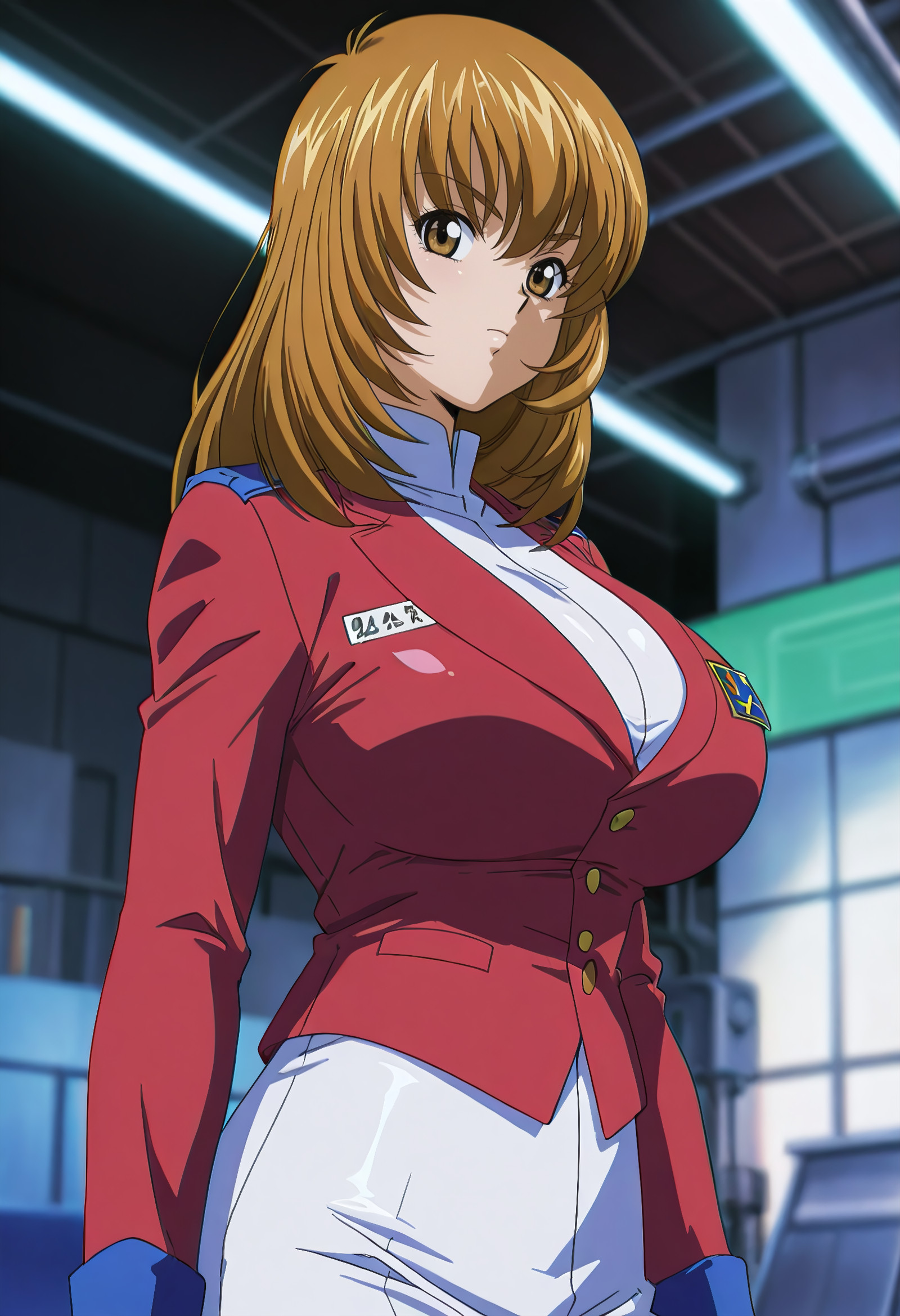   smooth skin, highly detailed, blurry background,, 
  volumetric lighting, ,hgraphi, shiny skin,shiny,,  anime coloring, (cirima:0.7)
1girl, ,         solo
huge breasts, 
looking at viewer,   
akizukiaoi, brown eyes, brown hair,    long hair,   uniform, red jacket, white suit, 