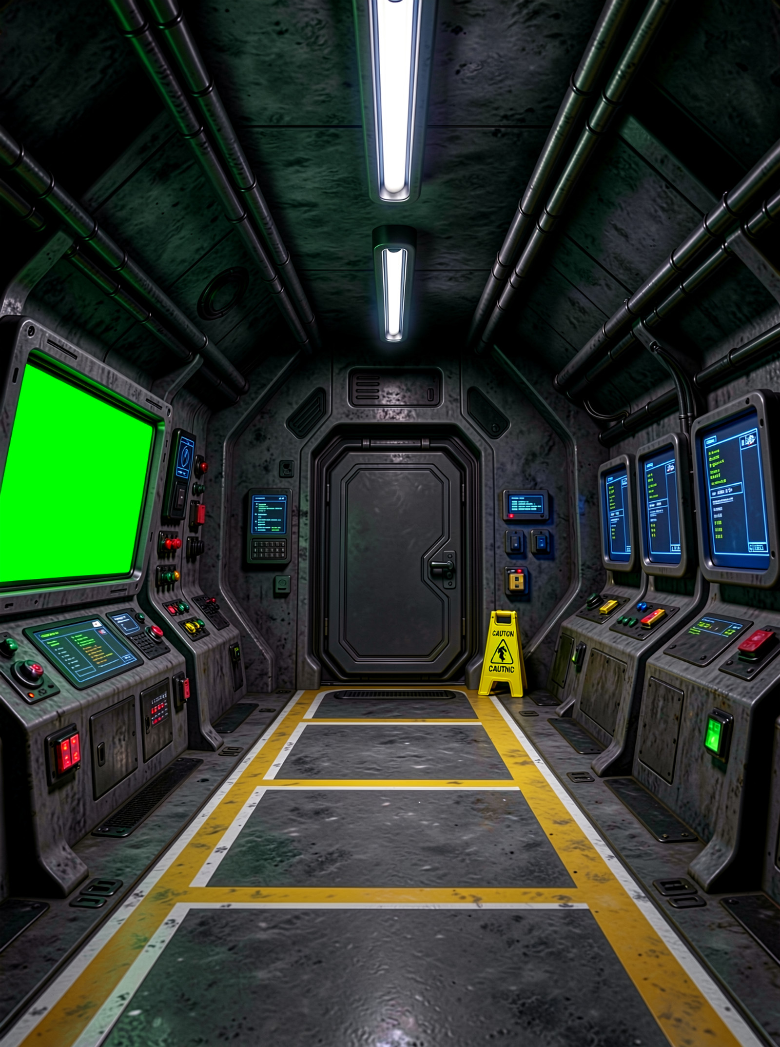 The image shows the interior of a futuristic space station. The walls and ceiling are made of dark gray concrete, and the floor is covered in yellow and white lines. On the left side of the image, there is a large screen with a green screen, and on the right side, there are several smaller screens. The screen appears to be displaying information about the station, and there are various buttons and switches on the walls. In the center of the room, there appears to have a large door, and a yellow caution sign is placed on the floor. The room is dimly lit, with a few fluorescent lights hanging from the ceiling. The overall atmosphere of the space station is eerie and futuristic. <lora:YFG-ChatGPT-4o-Style-F2_Klein-3kv1:0.5> <lora:YFG-Obs-Flux2-Klein9b_3k-v1:0.5>
