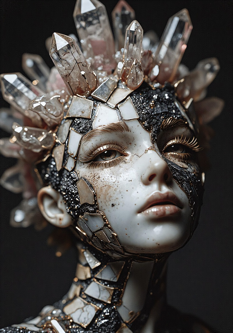 A porcelain-faced crystal oracle emerging from a fractured geode crown, original vertical 2:3 composition with