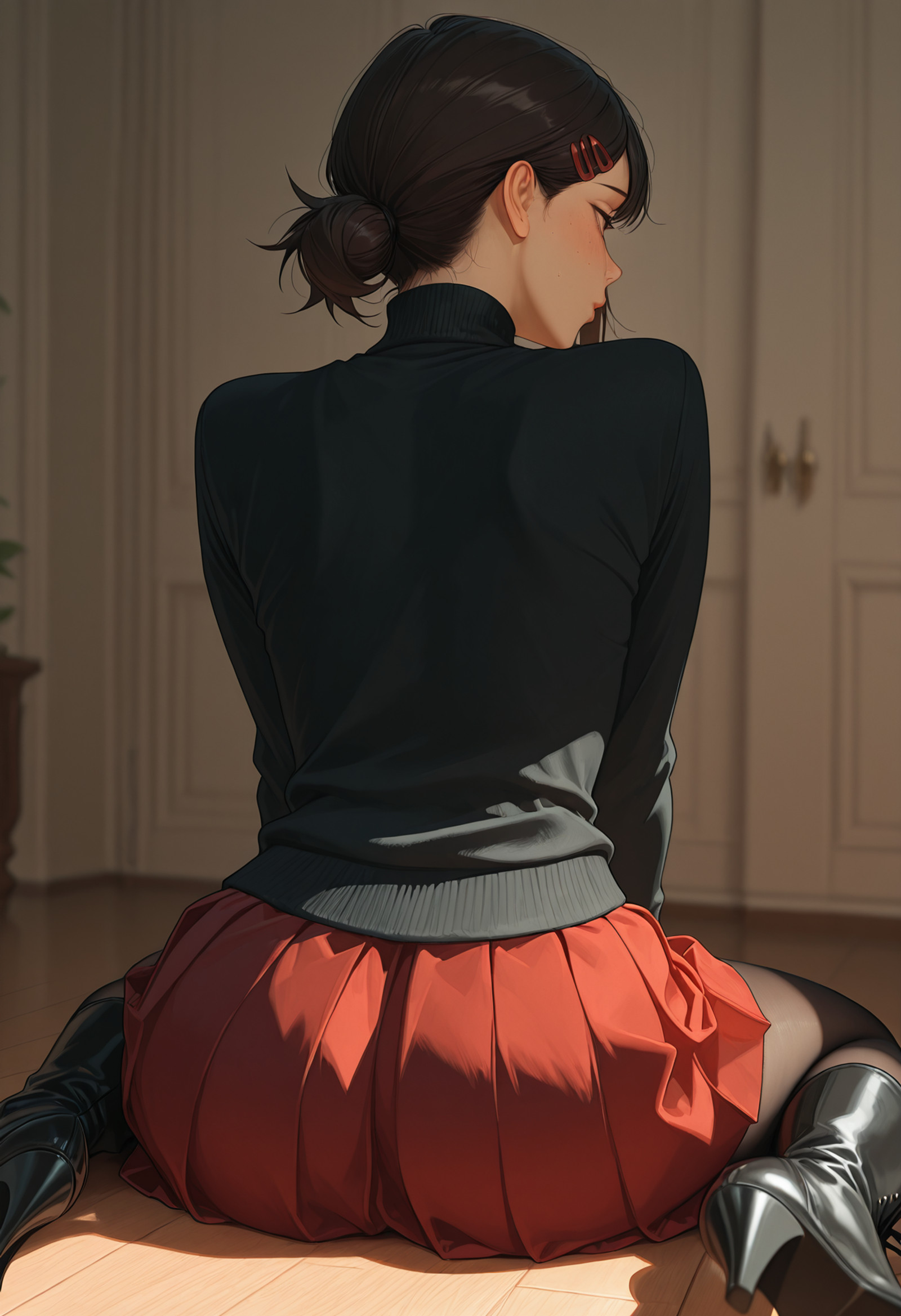 masterpiece, best quality, absurdres, 8k uhd, ultra-detailed, (detailed face. detailed eyes), cinematic lighting, soft light diffusion, aesthetic lighting, depth of field, realistic skin texture, photorealistic shading,  aesthetic, subsurface scattering, film grain, (detailed textures:1.2), chiaroscuro, natural interaction, raytracing, high contrast, dynamic composition, realistic hair,
BREAK
1girl, higashiyama kobeni,
messy bun, hair strands,
black turtleneck sweater, long sleeves, red pleated skirt, black pantyhose, black lace-up boots, high heels,
(sitting on floor, sitting from behind, turned away, looking away:1.2),
(unusually beautiful background, soft ambient lighting, cozy atmosphere:1.2), indoors,
<lora:MGE_V6.1_IL_Final_R1:0.8> <lora:ppw_v7_Illuv1.0_1_r2:0.3> <lora:FINALE:0.2>  <lora:lightingSlider:0.4> <lora:niji_and_midj_mix:0.6>