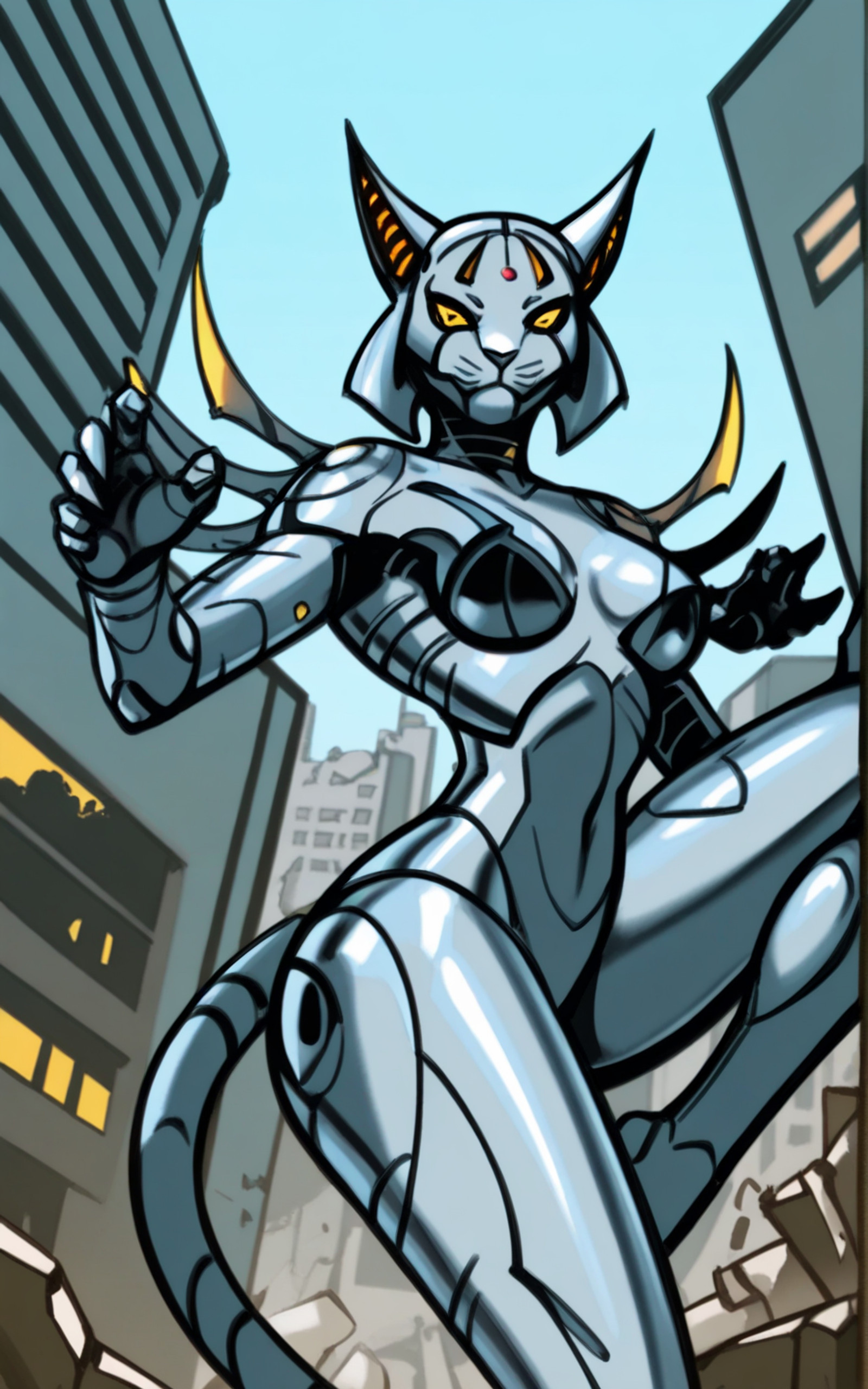 best quality, absurdres,<lora:BolivanteStyleITS:0.8>,   <lora:CCDCITS:1>, CCDCITS, tail, cat tail, arm blade, armor, yellow eyes, claws, animal ears, cat ears, horns, robot, android, cyborg, mechanical parts, robot joints, science fiction, metal skin, silver skin, slim, action pose, fighting stance, city, rubble, knee up, from below,