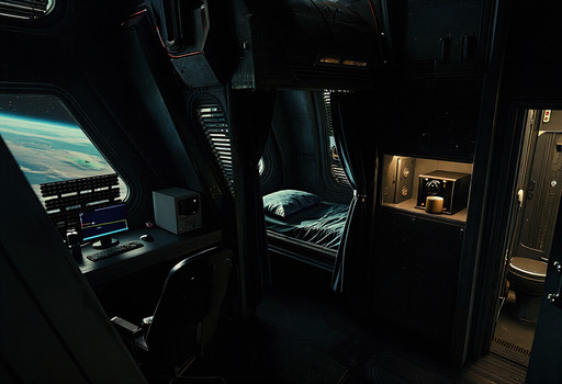 Create an image of an officer's quarters aboard a military spacecraft, looking into the room from the doorway. Include a desk on the left side of the room with a computer monitor, a mouse and keyboard, a futuristic PC Tower, and an office chair partially tucked into the desk. Include a bed recessed into the back wall of the room with a grey-blue pillow and rumpled sheets, as well as a dark blue curtain partially drawn across the entrance. Include several storage lockers near the entrance. Include a door on the right side of the room with a partially visible shower and toilet behind it. Include a window on the left side of the room, behind the desk, with armored slats partially open to reveal the curving horizon of a green alien planet and the starry void of space beyond it. Include a coffee machine and microwave in a recessed cubby hole on the right wall of the room. The lighting should be dim and moody. The room is sparse and utilitarian. The walls have numerous removable panels for maintenance access, some of which have been removed to reveal pipes and wiring. The color is largely dominated by dark steel gray, with chipping paint and small amounts of rust and corrosion.