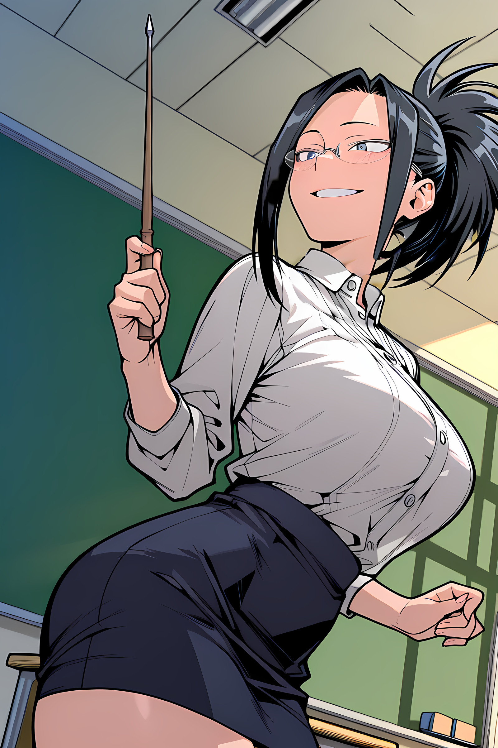 <lora:HardMaykers_style:1> <lora:Yaoyorozu_Momo_-_MHA:1>, 1girl, solo, Yaoyorozu_Momo, black hair, ponytail, forelock, grey eyes, fair skin, evident curves, big breasts, thick thighs,  teacher clothes, smile, glasses, posing, holding wooden pointer, white blouse, pencil skirt, stylish clothes, classroom background, classroom board, HardMayker_style, masterpiece, best quality, amazing quality,  detailed eyes, detailed background, anime illustration, clean lineart, looking in the camera, eye level angle, side view,