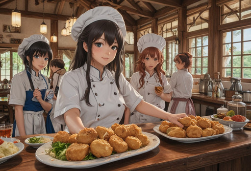 (Perfect beautiful lunch break (0.9))score_9, score_8_up, score_7_up, score_6_up, Masterpiece, source_anime screenshot, , vivid colors, full color, shiny and glossy, Isekai harem anime style, high-res, beautiful aesthetic, , high-quality, vibrant, award-winning, professional,( isekai harem anime style.Anime coloring.(0.9))The restaurant features a rustic design with wooden furnishings and intricate decor, warm lighting that creates a cozy atmosphere, a magical menu filled with exotic items from different worlds, diverse patrons ranging from humans to fantastical creatures forming a vibrant community, friendly staff with unique traits providing excellent service, culinary magic showcasing food preparation as a captivating spectacle, fresh ingredients sourced from magical locations enhancing uniqueness, careful preparation highlighting chefs' skill and love for culinary arts, artistic presentation of dishes like works of art, diverse flavors appealing to different palates, characters expressing delight at the food quality as life-changing experiences, and serving as a community hub, reinforced by quotes such as  Give me a cold ale, master!   It s so crispy & chewy, & absolutely delicious!  and  With tempura, when you make the batter puff up like this, it's called making it bloom. 