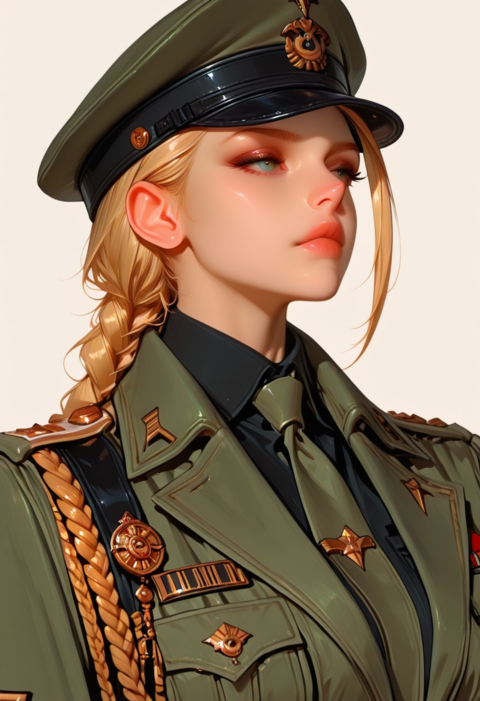 Semi-realism, artist:moriimee, ma1ma1helmes_b_illu,sketch, 
(1girl, solo, masterpiece, best quality, amazing quality, absurdres, newest, simple background), BREAK,
cammy white \(Street Fighter\), military, hat, uniform, military uniform, shirt, necktie, closed mouth, military hat, jacket, collared shirt, medal, black shirt, peaked cap, military jacket, upper body, lips, breast pocket, looking away, pocket, aiguillette