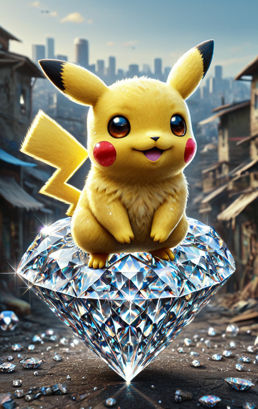 diamondMW, sparkly, <lora:Diamond_World_Morph:0.75> countless diamonds, (Pikachu:0.8), (shiny:0.5), elaborate, (ultra realistic:1.2), slums background, safe_pos