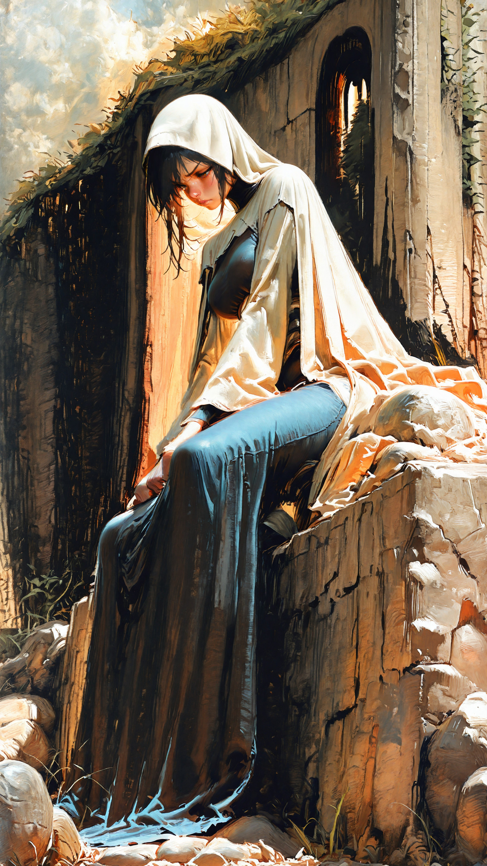 masterpiece, newest,absurdres,incredibly absurdres, best quality, amazing quality, very aesthetic, painterly, traditional art, 
1girl,determined, sitting on stone, hunter, coif,
 <lora:Face_Enhancer_Illustrious:1> <lora:Hunternif16:1> <lora:HyperdetailedIllustrationIll:1>