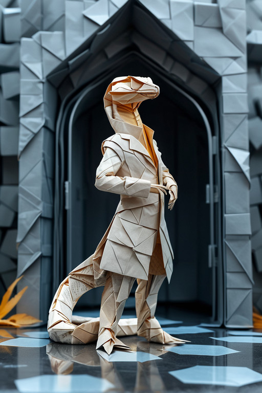 a shiny snake in a business suit is standing in the entrance of a futuristic castle. scenery. highly detailed fantasy background. changing weather.. . luminous paper geometries, Crisp creases, impossible facets, surreal paper precision, sharp edges, origami, made of paper, <lora:Unfazed_origami_style_-_XL_SDXL_v2.0:1.0>