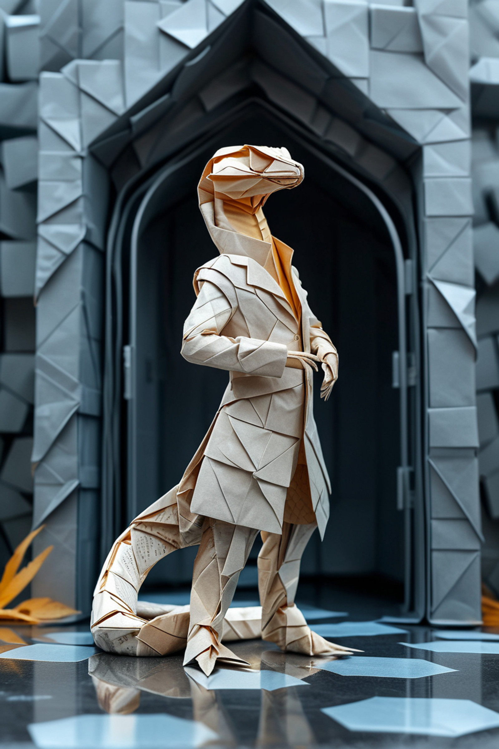 a shiny snake in a business suit is standing in the entrance of a futuristic castle. scenery. highly detailed fantasy background. changing weather.. . luminous paper geometries, Crisp creases, impossible facets, surreal paper precision, sharp edges, origami, made of paper, <lora:Unfazed_origami_style_-_XL_SDXL_v2.0:1.0>