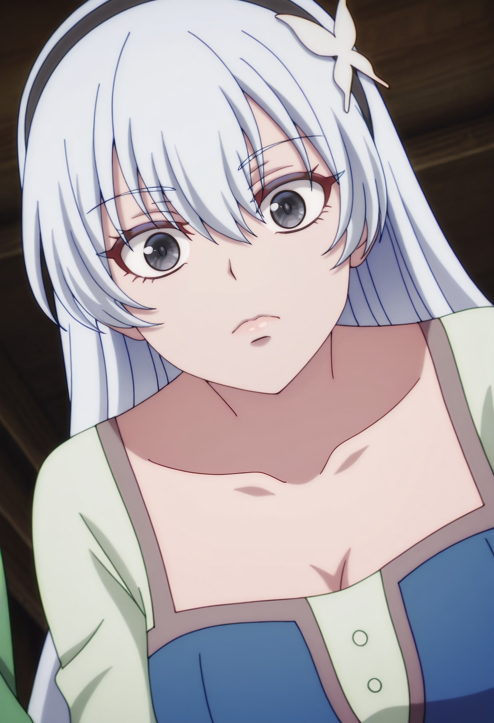    masterpiece, best quality, amazing quality, anime_screencap, anime_coloring, Eyes narrowed, intense stare, lips pressed into a thin line, eyebrows furrowed with focus, face unyielding, no sign of hesitation, MGYKrasia, long_hair, very_long_hair, hairband, black_hairband, white_hair, hair_between_eyes, grey_eyes,  solo, KrasiaDress, long_sleeves, blue_dress, green_shirt, hair_ornament, butterfly_hair_ornament, long_dress,  front view, low-angle_view, <segment:girl's face,0.55,0.2//cid=11> Eyes narrowed, intense stare, lips pressed into a thin line, eyebrows furrowed with focus, face unyielding, no sign of hesitation, MGYKrasia, long_hair, very_long_hair, hairband, black_hairband, white_hair, hair_between_eyes, grey_eyes, 