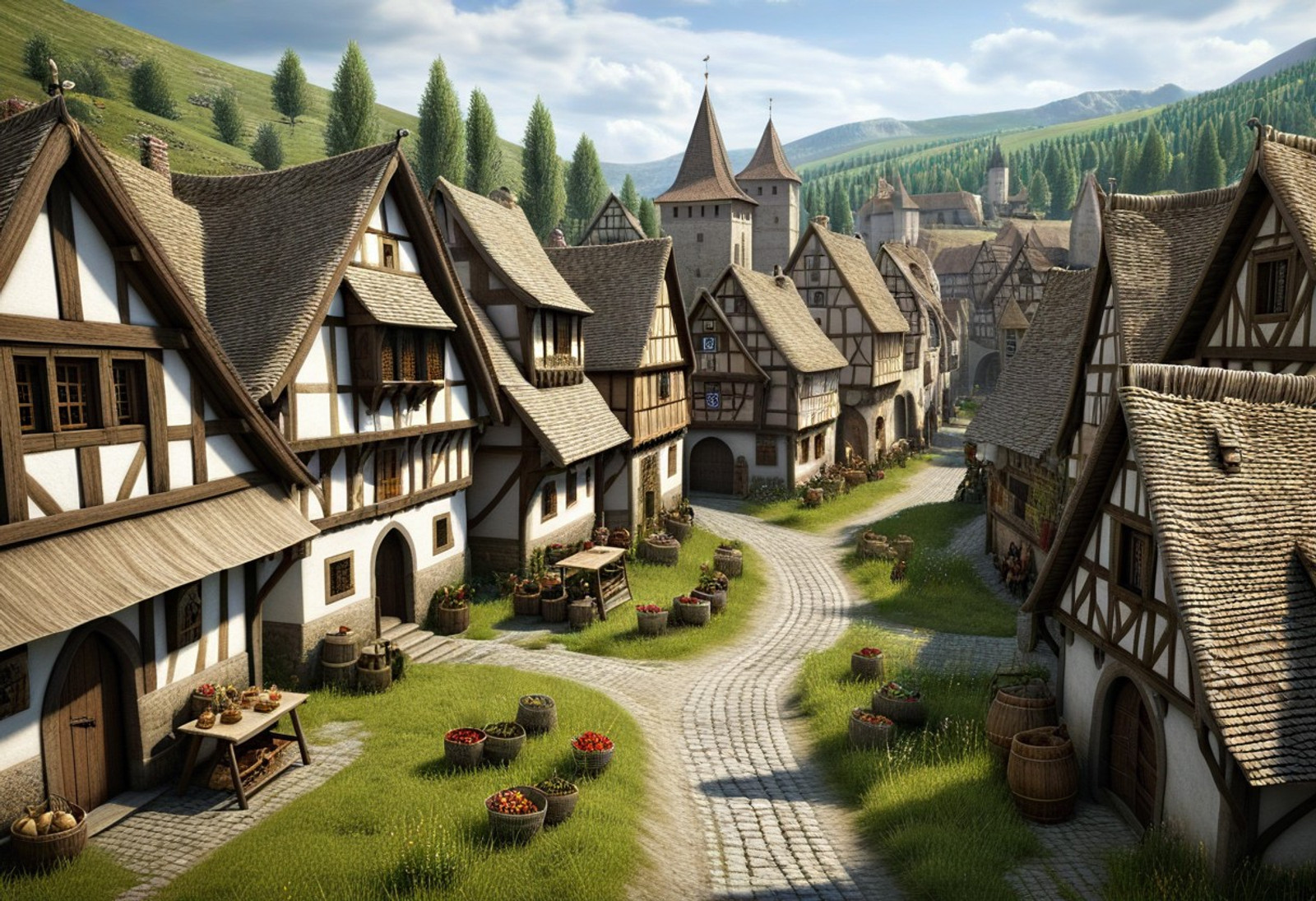 masterpiece, best quality, amazing quality, very aesthetic, high resolution, ultra-detailed, absurdres, newest, outdoors, scenery, grasslands, medieval village street, medieval village marketplace, no humans