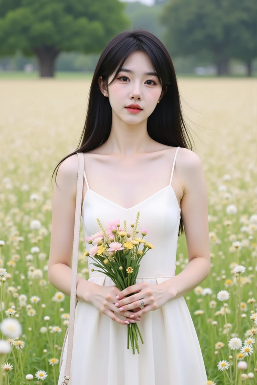 masterpiece,best quality,high res image,highly detailed,looking at viewer,A beautiful  beautiful korean woman standing in a blooming flower garden, admiring a bouquet of flowers, holding a handbag, wearing a flowy sundress, her hair gently blowing in the breeze.,<lora:NexBlend Asian 04 Face Flux:1.2>,nexblend