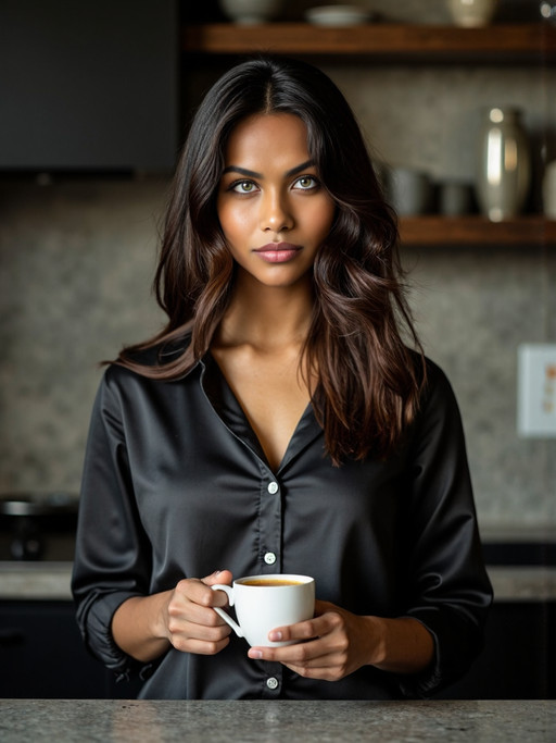 (hdr masterpiece, hyper realistic, ultra realistic, very low dramatic light, realism, lifelike, award winning photography in the style of Miles Aldridge, Alessio Albi)
A 20-year old petite maldives woman with glamourous silky hair, green eyes, and modest breasts stands behind a tall island in a modern kitchen with brutalist interior design. She is devoid of makeup and jewelry and appears to have only recently gotten out of bed.
She wears a men's long sleeve dress shirt loosely buttoned in front of her to preserve her modesty.  She sits behind the island so she is only visible from the waist up. She clutches a steaming cup of coffee in her hands enjoying its aroma and warmth, as if it were a morning ritual.
She looks up from the coffee, and at the viewer with a confident, neutral expression.  The scene is lit by low-angle morning Rembrandt lighting from the far left.
The camera captures the scene with a cinematic film grain, lending a deep sense of depth of field. The focus centers on the model, while the blurred background adds to the sense of sophisticated intimacy in the space.